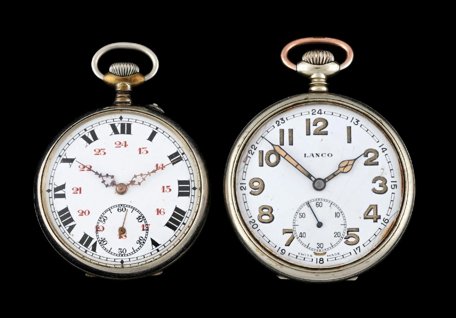COLLECTION OF 2: NICKEL SILVER O/F POCKET WATCHES W/GERMAN ENGRAVINGS: Collection of 2 nickel silver open face pocket watches with Nazi German military engravings to back covers. Pin-set watch measures 49mm, unmarked, runs but stops. Lanco watch measures 54mm, movement m