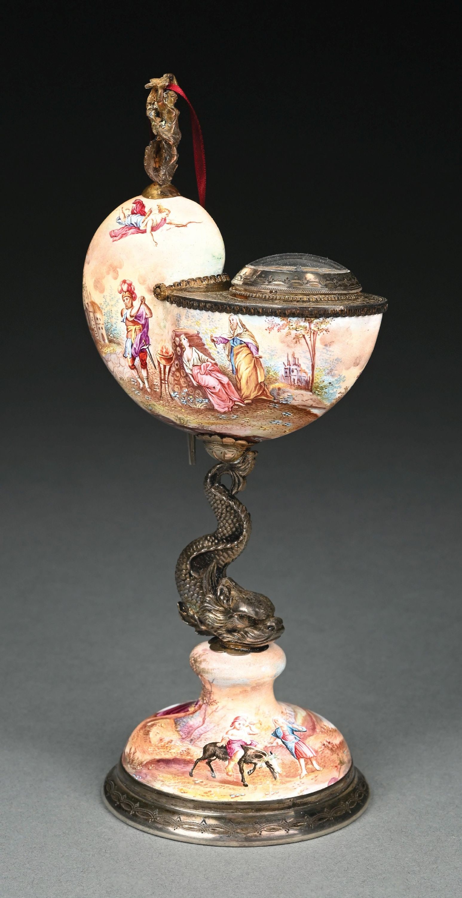 HERMANN BOEHM SILVER AND ENAMEL NAUTILUS CLOCK W/ KEY: Hermann Boehm (attributed) silver and enamel nautilus shell clock stand/tower with mounted verge movement watch. Includes key. Watch not running. Movement marked "De L'Epine 'a Paris". Height measures