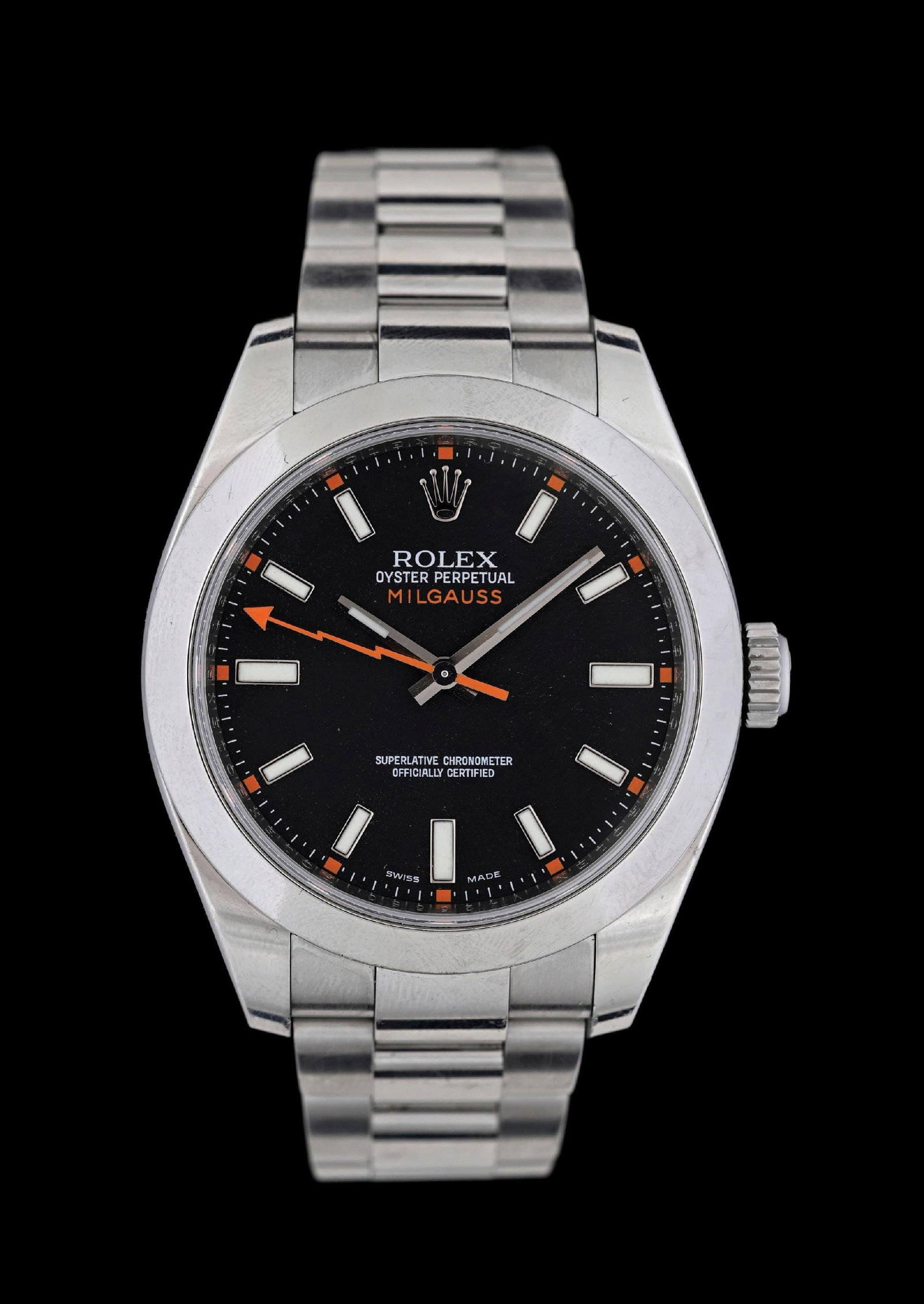 MENS 40MM ROLEX MILGAUSS REF. 116400 WRISTWATCH W/CARD & HANG TAGS: Men's Rolex Oyster Perpetual 40mm Milgauss wrist watch in stainless steel with black dial with luminous markers. Reference No. 116400, V-Serial. (DOP 2011). Includes original serialized warranty card 