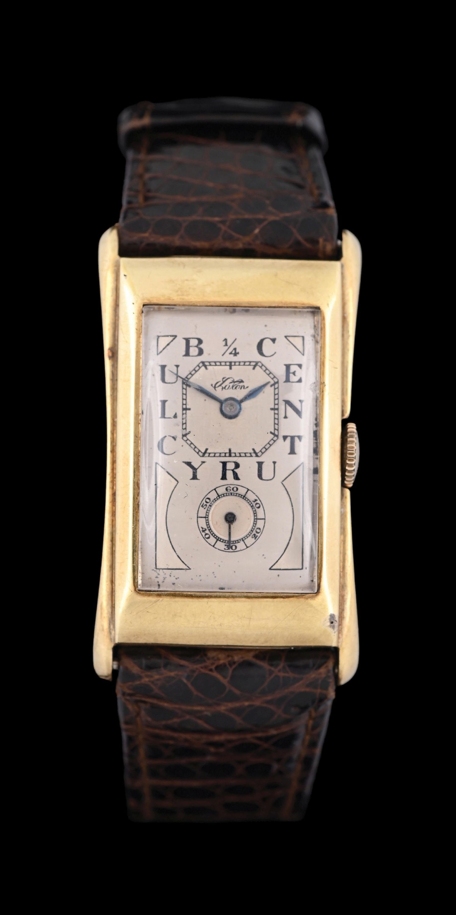 14K GOLD ROLEX PRINCE EATON QUARTER CENTURY CLUB WATCH, REF 1490: Antique 14k yellow gold Rolex Prince Eaton Quarter-Century Club wristwatch, ref 1490, c. 1937, on an original Rolex crocodile strap with an original Rolex 14k gold tang/buckle. Case measures 42mm x 24