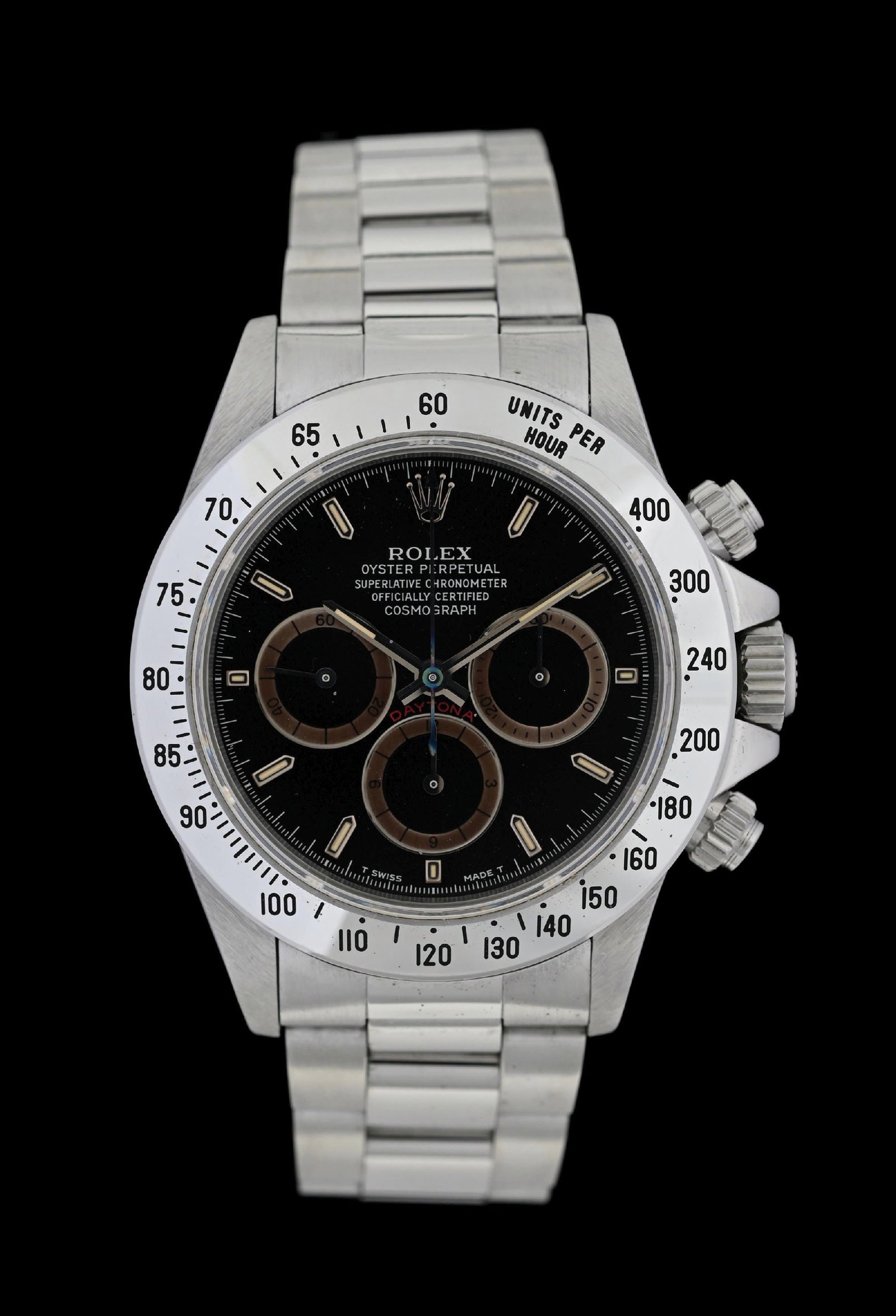 ROLEX OYSTER PERPETUAL COSMOGRAPH DAYTONA PATRIZZI DIAL FULL SET: Rolex 40mm Oyster Perpetual Cosmograph Daytona wristwatch in stainless steel with black "Patrizio" dial with beautiful and even brownish toning to all three silver sub-dial rings, and wonderful bluish