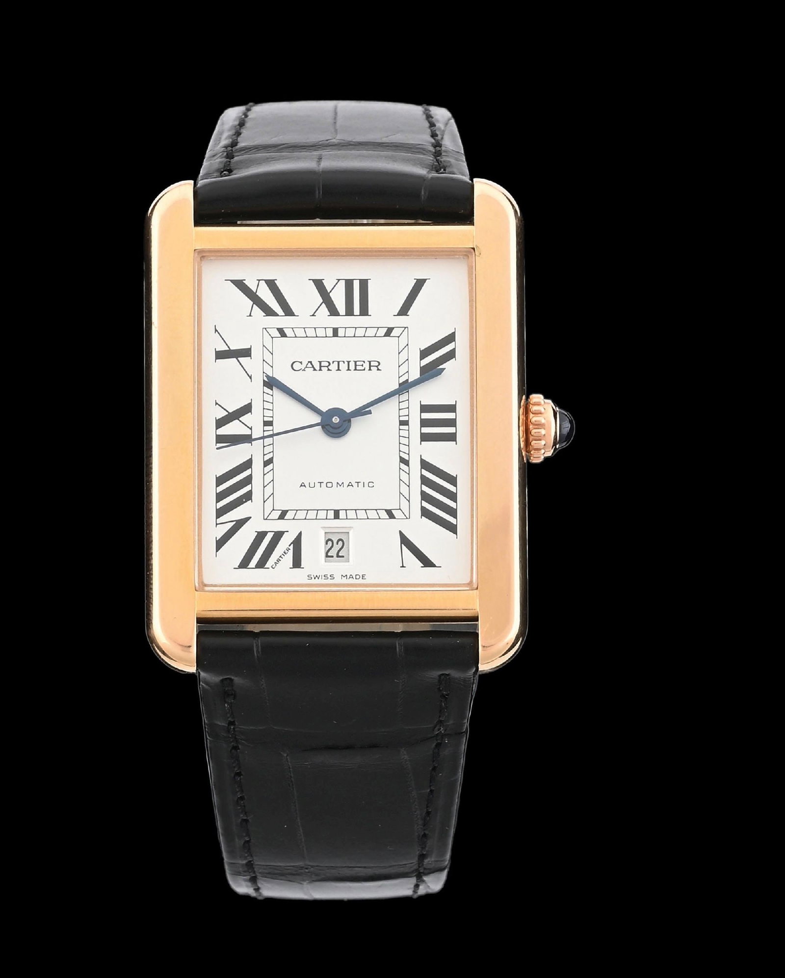18K GOLD CARTIER AUTOMATIC 41MM TANK SOLO XL WRISTWATCH: Men's 18k yellow gold Cartier Tank Solo XL 41mm automatic wrist watch with new Cartier black stitched band and 18k gold tang buckle. Reference No. 3514. Running. Condition: (Very Good-Excellent). Dime