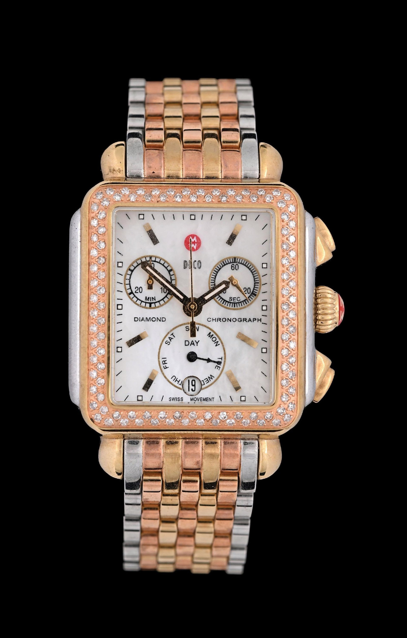 MICHELE DECO DIAMOND CHRONOGRAPH TRI-COLOR SWISS WATCH W/DIAMONDS (1 of 6)