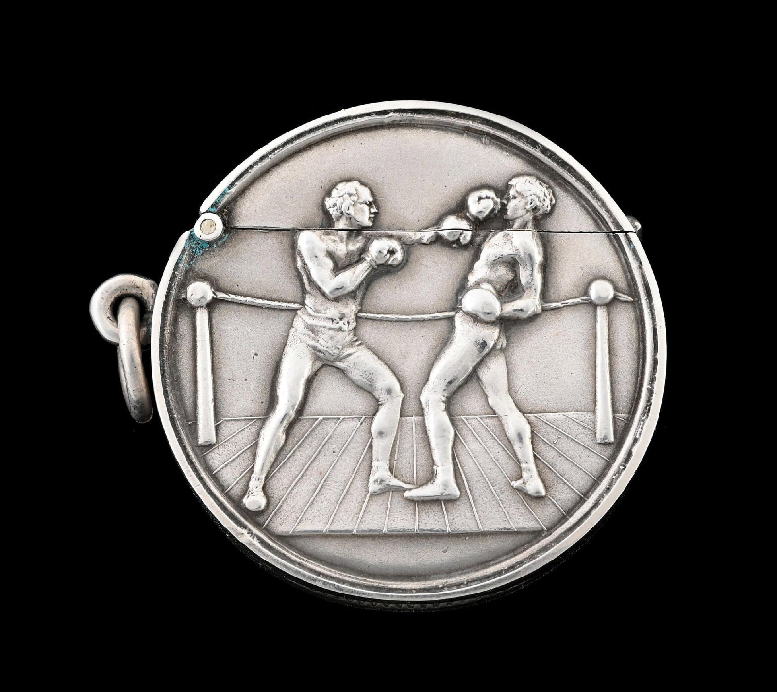 ENGLISH STERLING SILVER MATCH SAFE WITH BOXING FIGURES (1 of 4)