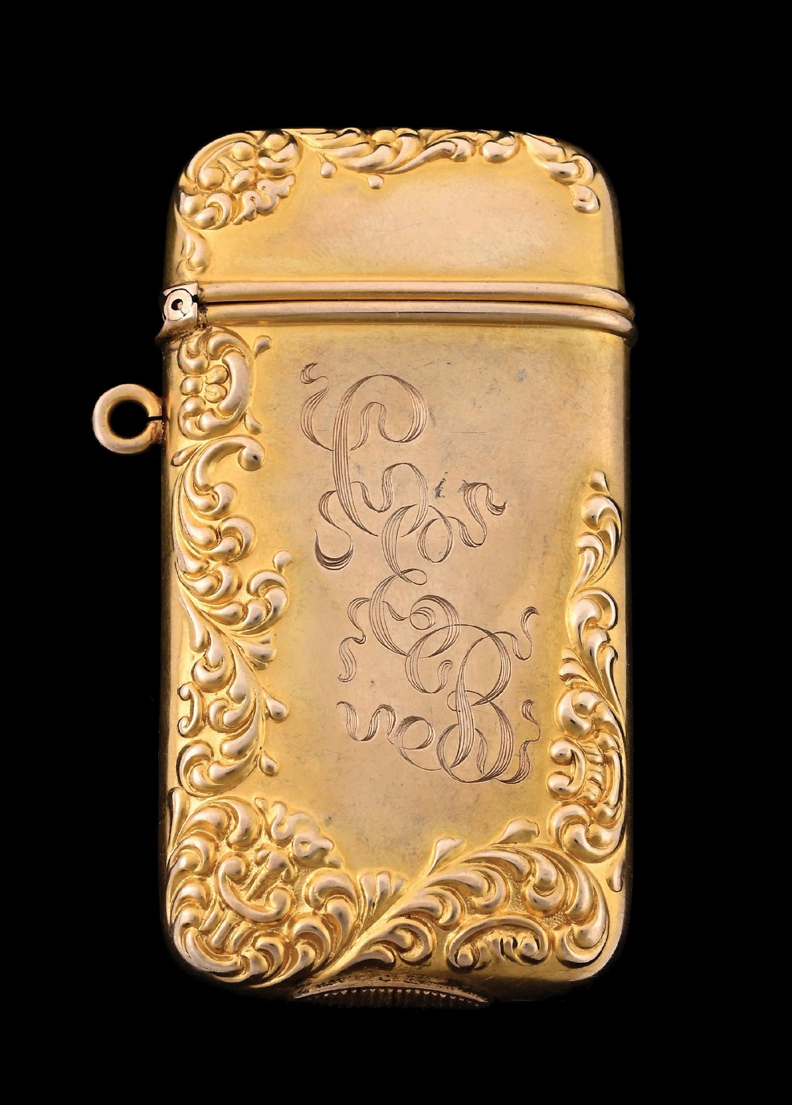 12K GOLD MATCH SAFE: Simple design. Tests for 12K gold. 21.6 grams. From the portfolio of an avid and dedicated collector. Condition: (Excellent). Dimensions: 1 - 1/4" x 2 - 1/2".