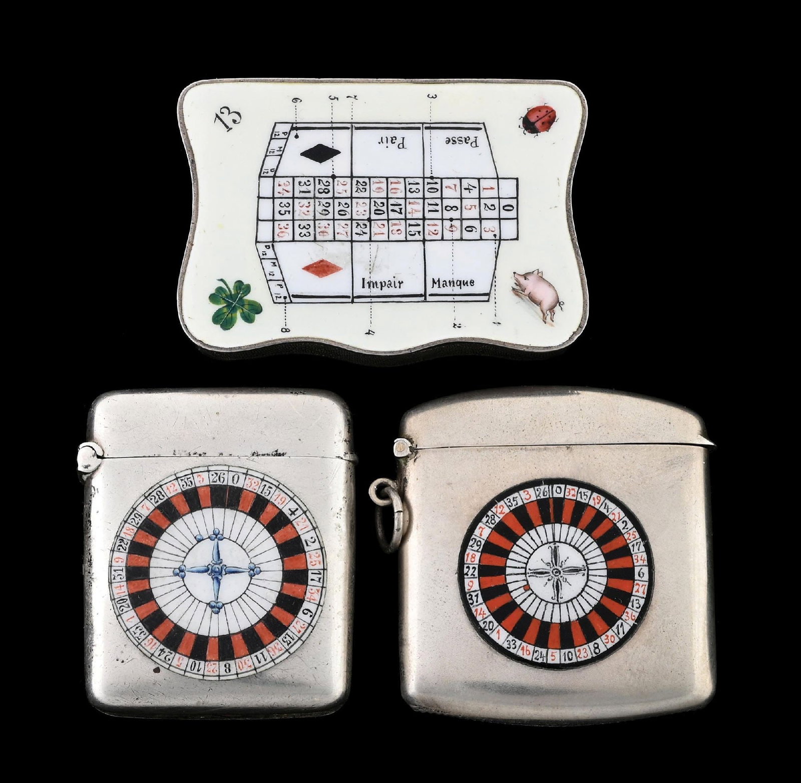 COLLECTION OF 3: FRENCH STERLING MATCH SAFES ROULETTE WHEELS & TABLE (1 of 5)