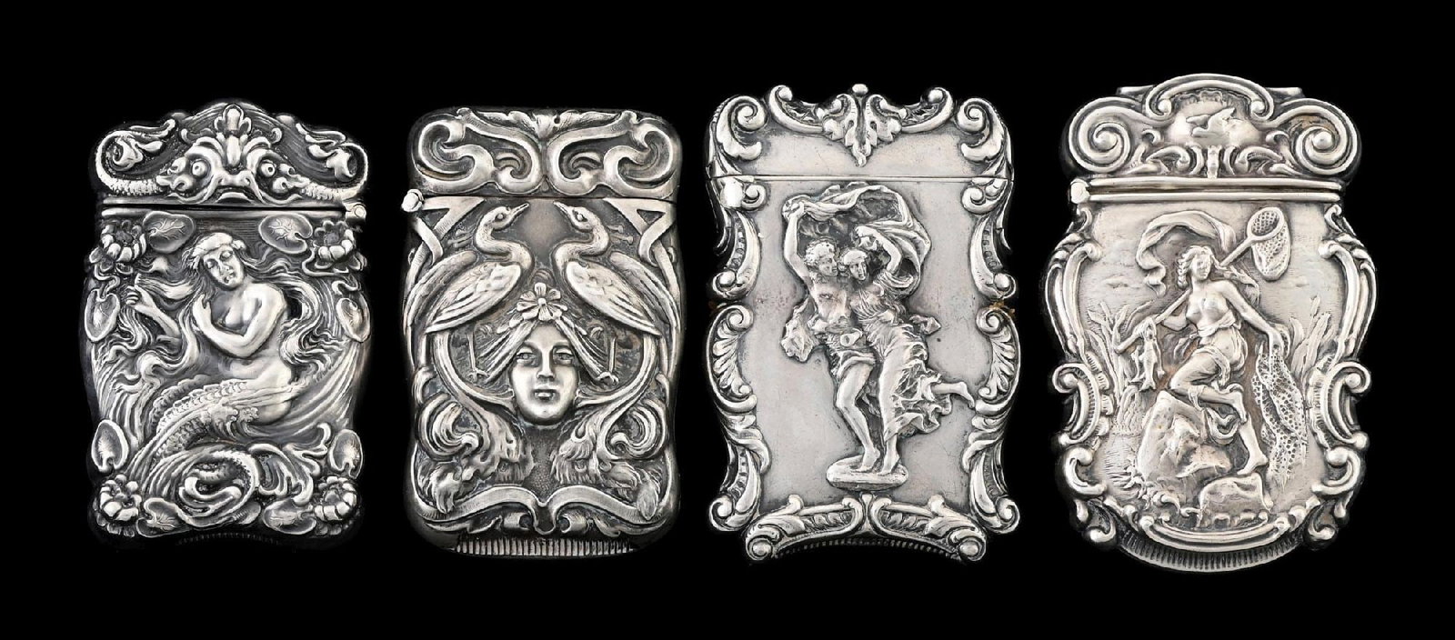 COLLECTION OF 4: STERLING SILVER MATCH SAFES: Wonderful grouping of 4 sterling match safes with art nouveau designs. From the portfolio of an avid and dedicated collector. Condition: Dimensions: Largest: 1 - 1/2" x 2 - 1/2".