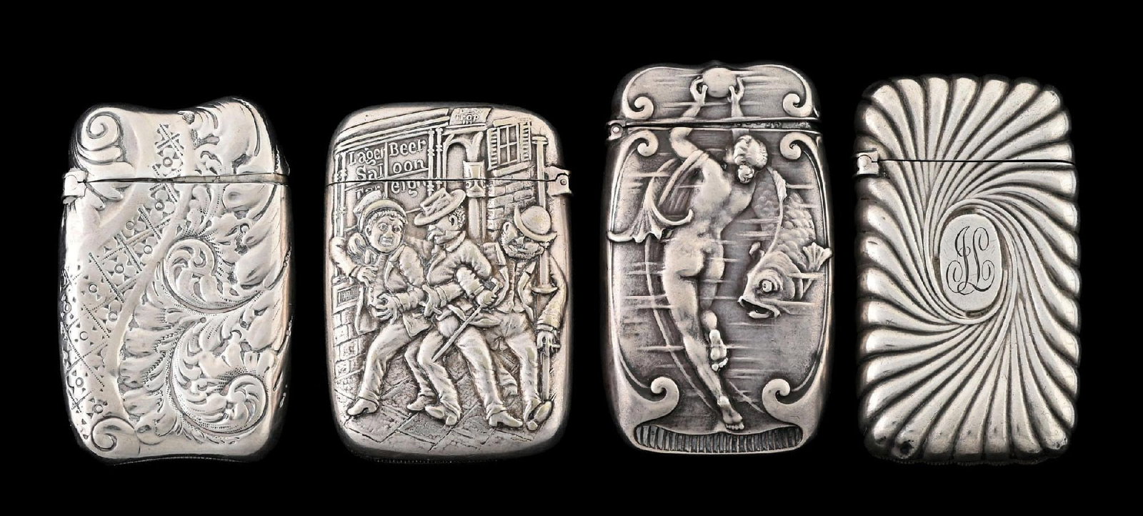 COLLECTION OF 4: GORHAM MATCH SAFES: Three sterling, one silver plated. From the portfolio of an avid and dedicated collector. Condition: Dimensions: Largest: 1 - 1/2" x 2 - 1/2".