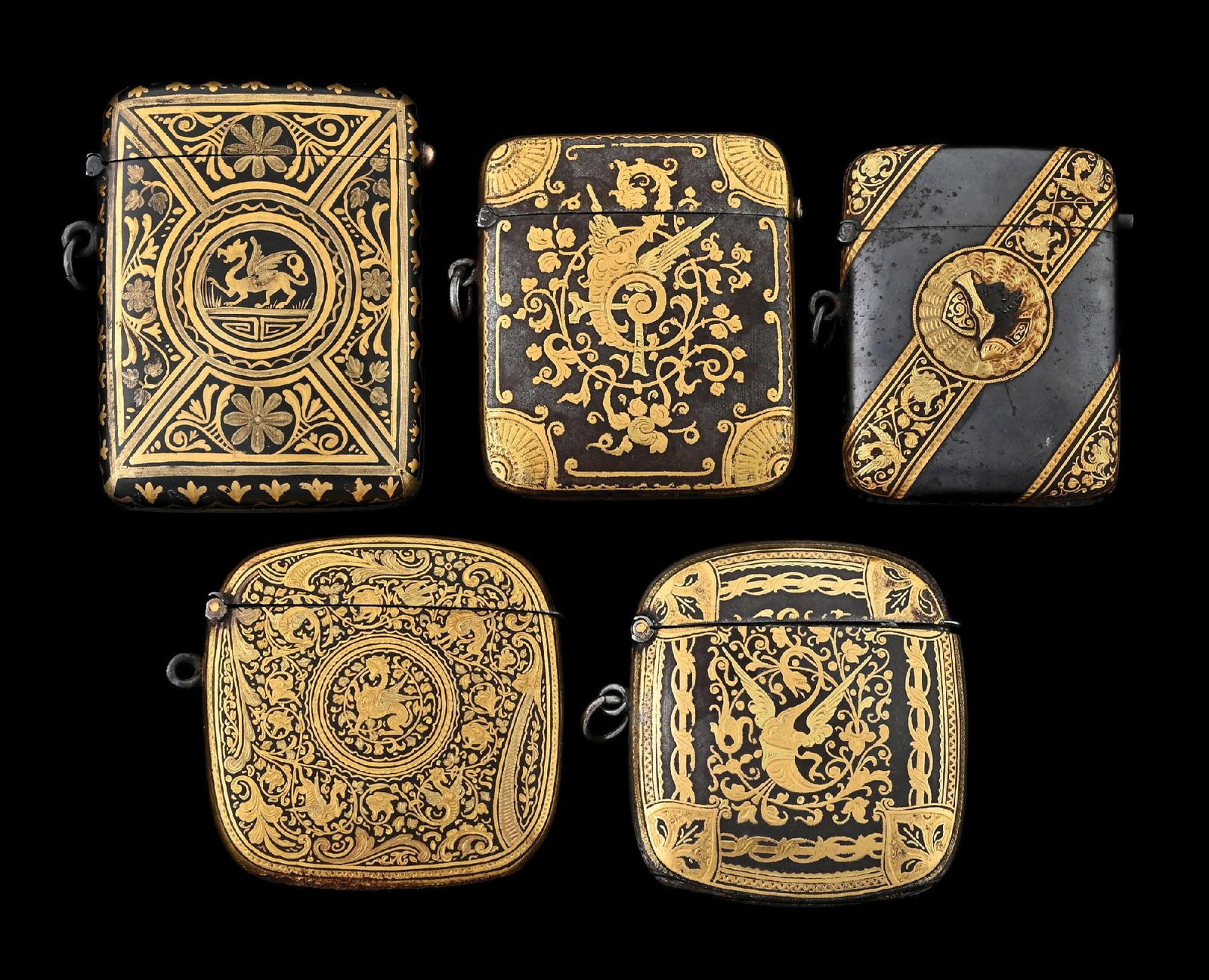 COLLECTION OF 5: GOLD & IRON DAMASCENE MATCH SAFES, 4 SPANISH & 1 GERMAN (1 of 2)