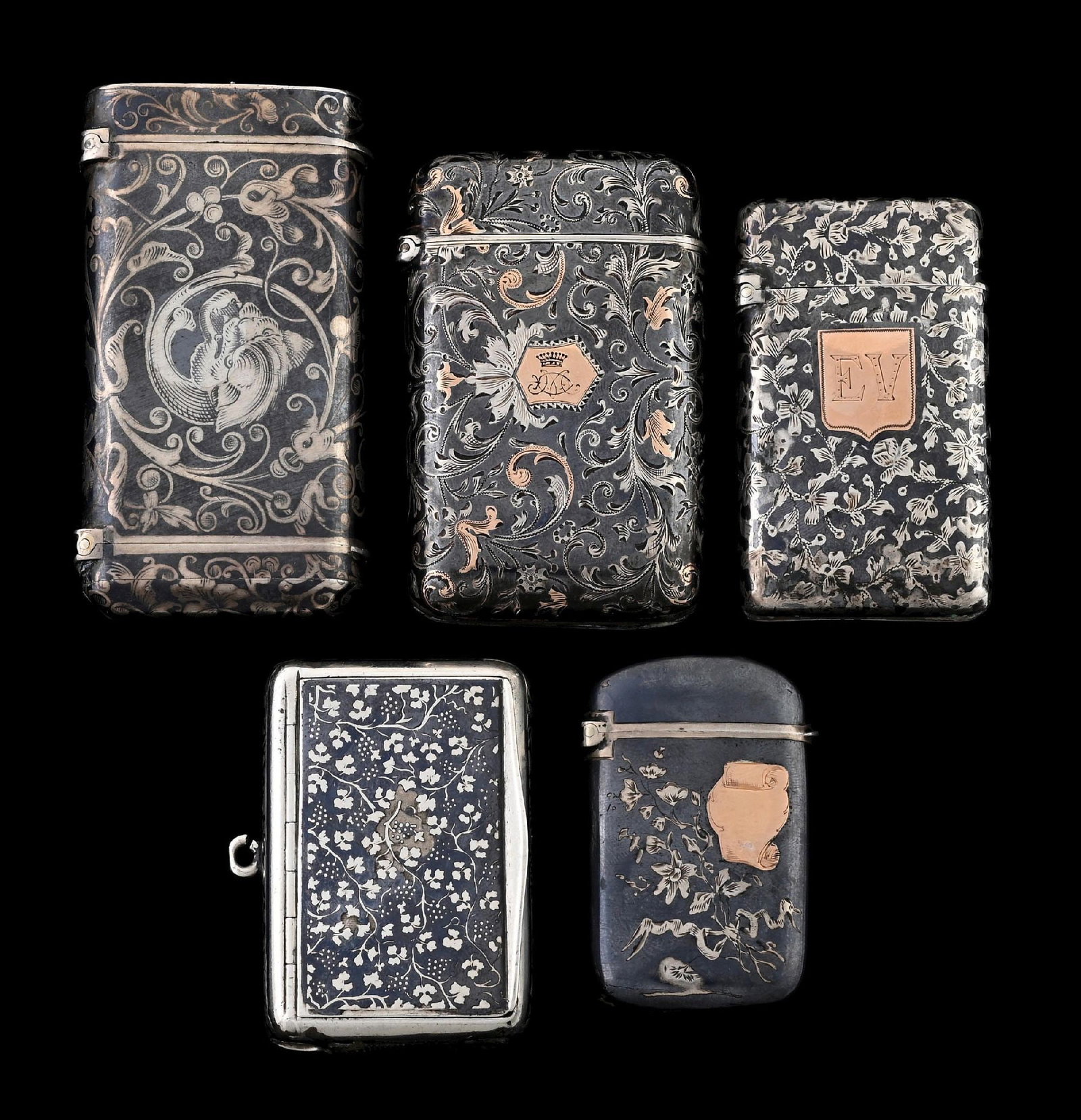 COLLECTION OF 5: FRENCH NIELLO STERLING MATCH SAFES (1 of 2)