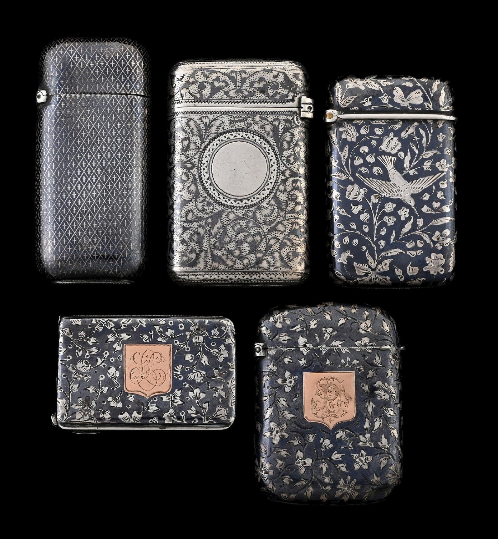 COLLECTION OF 5: STERLING NIELLO MATCH SAFES: One Russian by Gustav Klingert. From the portfolio of an avid and dedicated collector. Condition: Dimensions: Largest: 1 - 1/2" x 2 - 1/4".