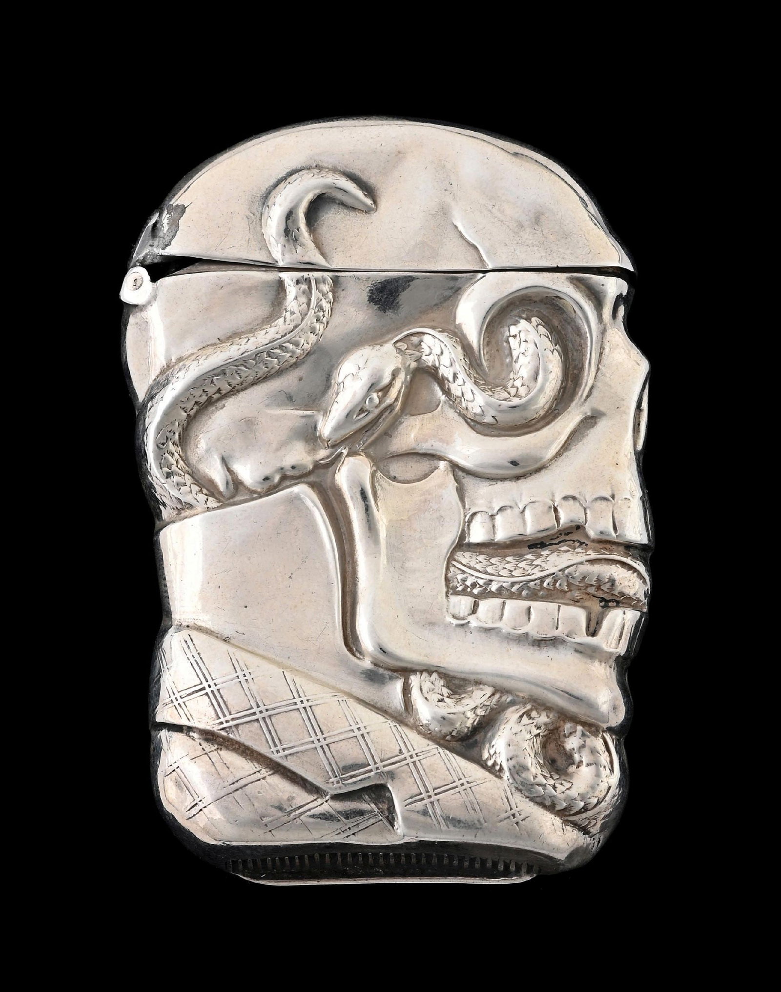 WEBSTER CO. SKULL WITH SNAKE STERLING SILVER MATCH SAFE (1 of 4)