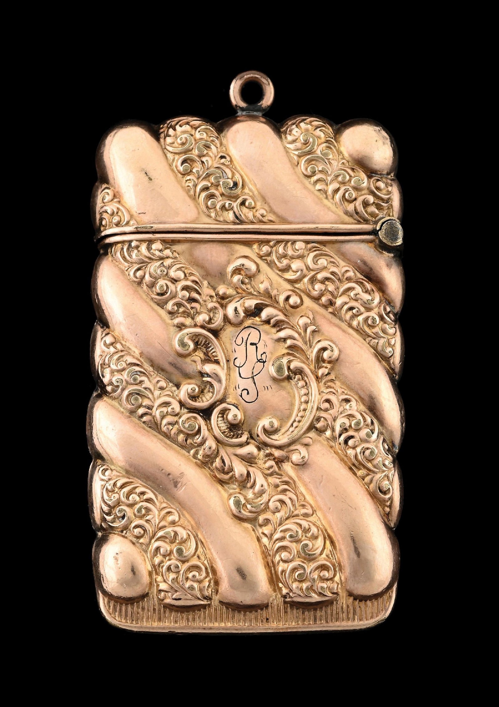 ESSEX 10K GOLD MATCH SAFE: Beautiful design. Tests for 10K gold. 23.7g. From the portfolio of an avid and dedicated collector. Condition: (Excellent). Dimensions: 1 - 1/2" x 2 - 1/2".