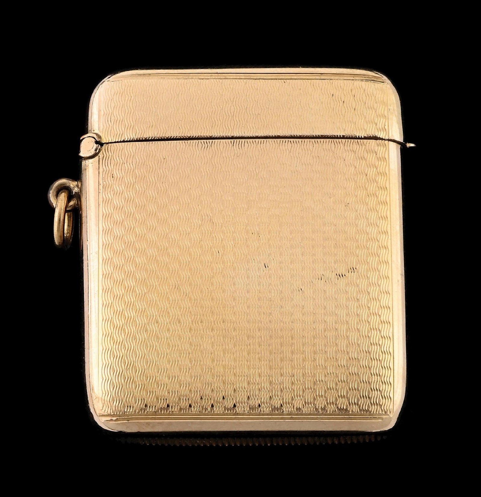 12K GOLD MATCH SAFE: Simple design. 19.2 grams. Tests for 12K gold. From the portfolio of an avid and dedicated collector. Condition: (Excellent). Dimensions: 1 - 1/2" x 1 - 3/4".