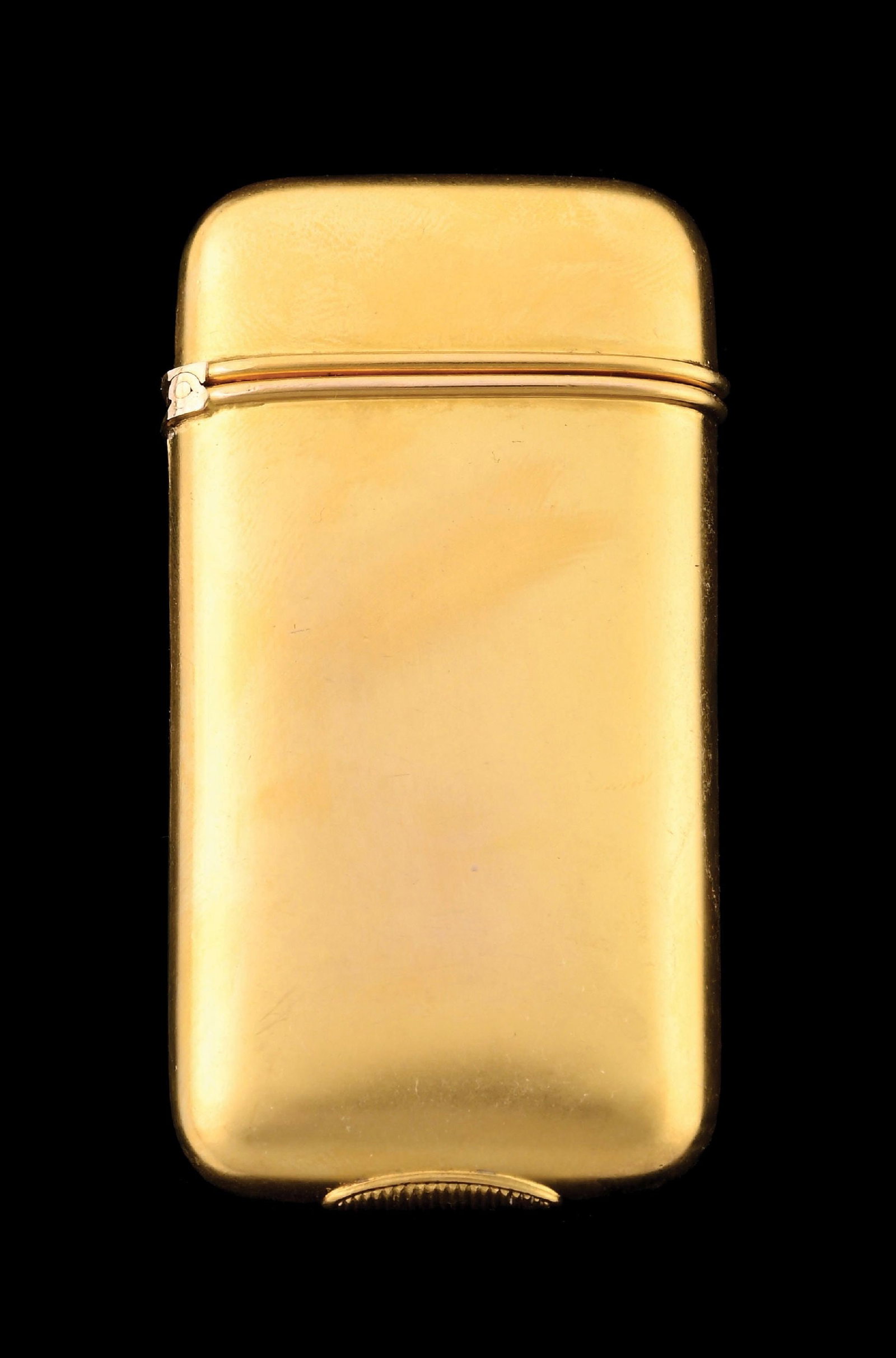 14K GOLD MATCH SAFE: Simple design. Tests for 14K gold. 28.1 grams. From the portfolio of an avid and dedicated collector. Condition: (Excellent). Dimensions: 1 - 1/4" x 2 - 1/2".