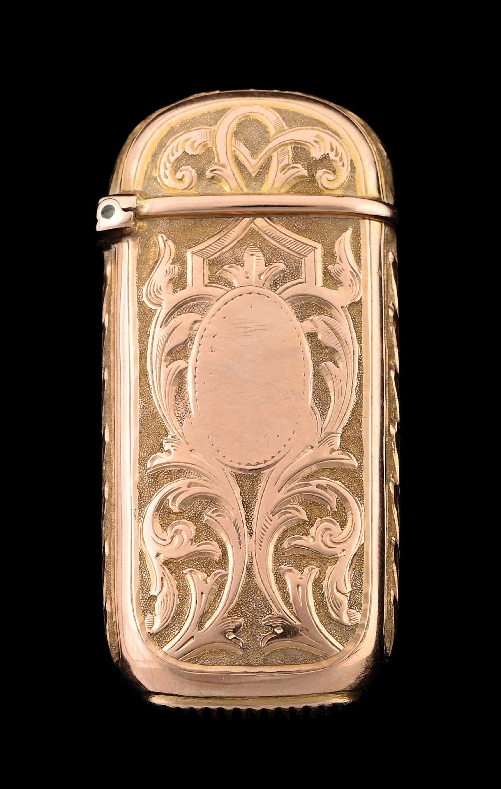 18K GOLD MATCH SAFE: Nice design. Tests for 18K gold. 10.9g. From the portfolio of an avid and dedicated collector. Condition: (Excellent). Dimensions: 1" x 1 - 3/4".