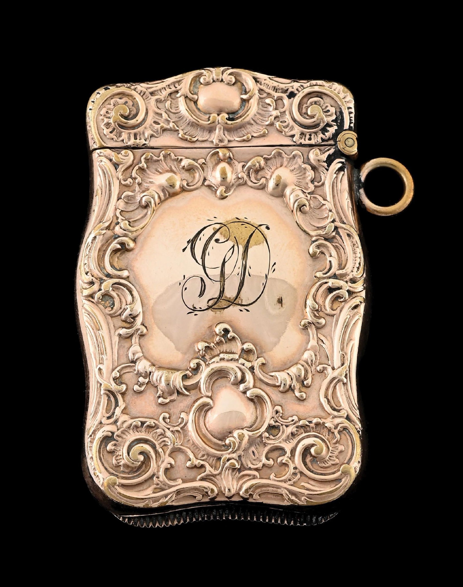 ESSEX 8K GOLD MATCH SAFE: Nice scrolling design. Stamped ESSEX 447. Tests for 8K gold. 25.7 grams. From the portfolio of an avid and dedicated collector. Condition: (Excellent). Dimensions: 1 - 1/2" x 2 - 1/2".