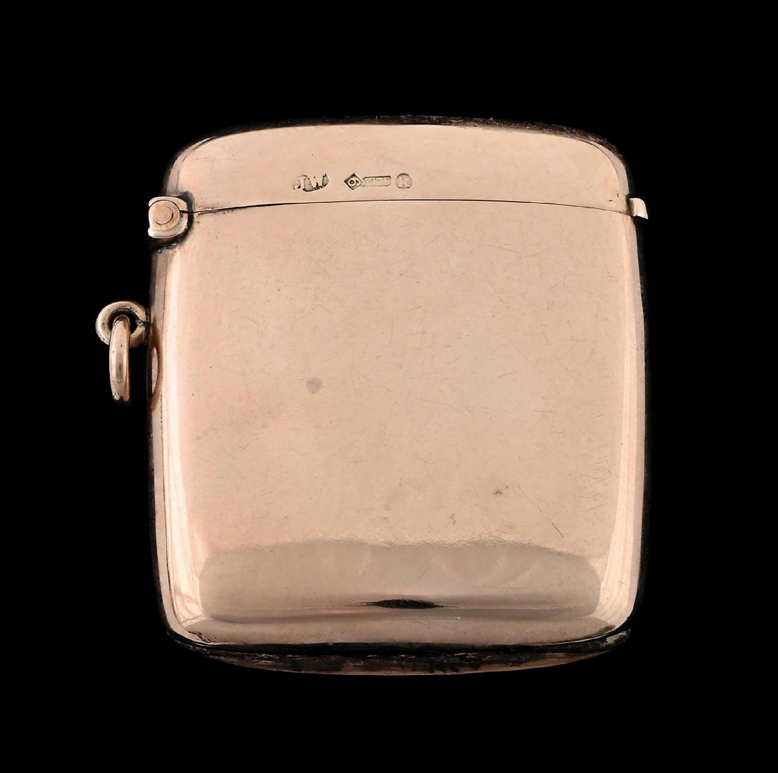 ENGLISH 9K GOLD MATCH SAFE: Simple design. Stamped and tests for 9K gold. 28.1 grams. From the portfolio of an avid and dedicated collector. Condition: (Excellent). Dimensions: 1 - 3/4" x 2".
