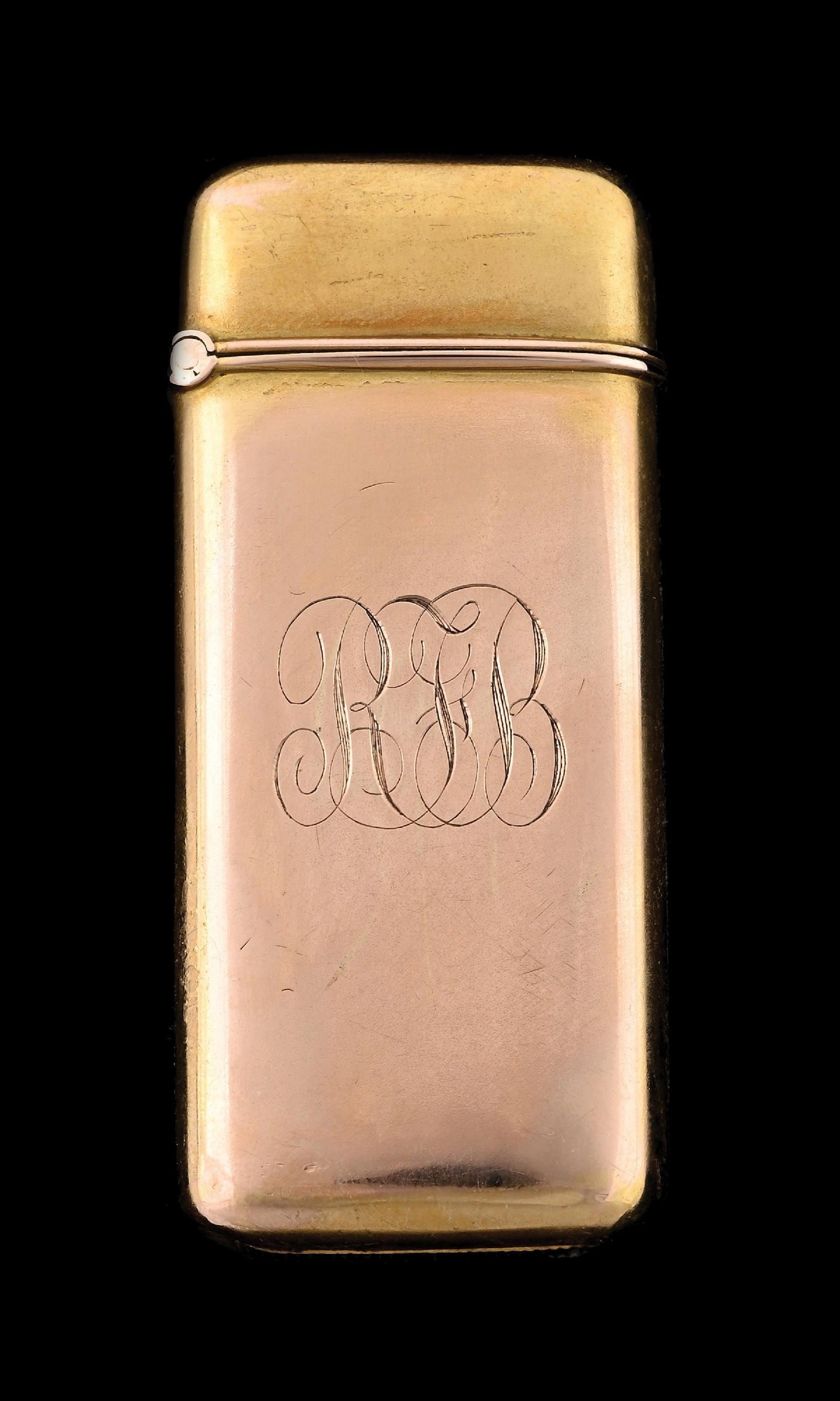 FAIRCHILD 14K GOLD INITIALED MATCH SAFE: 22.6 grmas of 14K gold filled. From the portfolio of an avid and dedicated collector. Condition: (Excellent). Dimensions: 1" x 2 - 1/2".