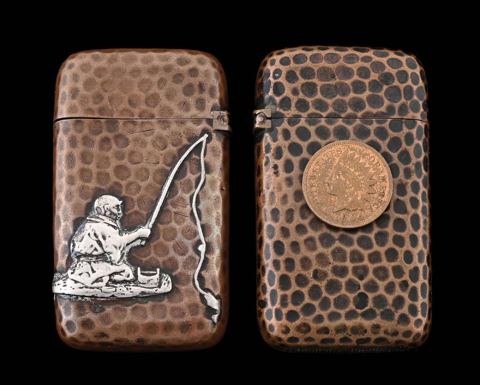 COLLECTION OF 2: GORHAM MIXED METAL MATCH SAFES, COPPER & STERLING SILVER: Both Gorham mixed metal match safes. Includes man fishing and safe with Indian Head Penny. From the portfolio of an avid and dedicated collector. Condition: Dimensions: Largest: 1 - 1/2" x 2 - 1/2".
