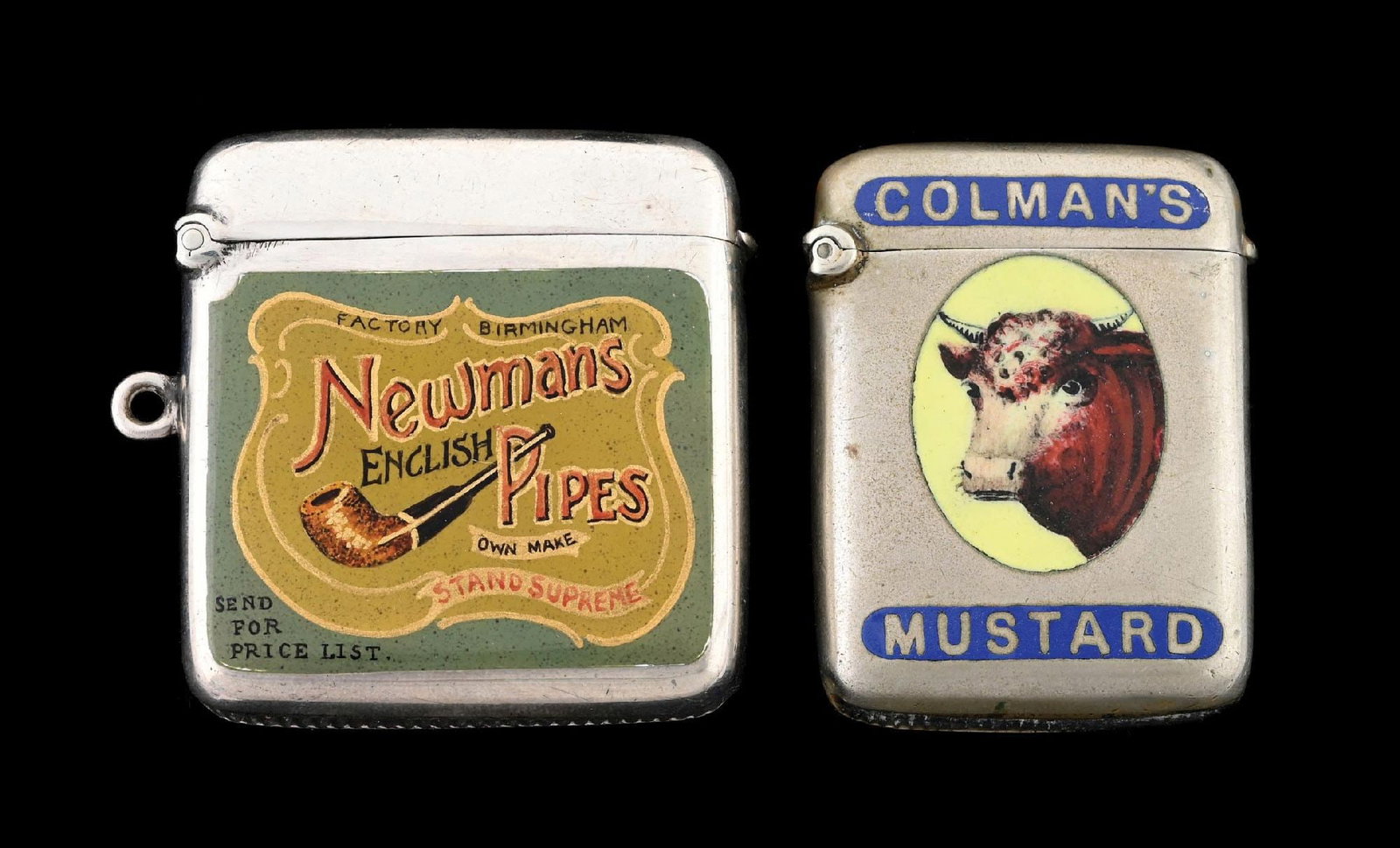 COLLECTION OF 2: ENGLISH STERLING SILVER ADVERTISING MATCH SAFES (1 of 3)