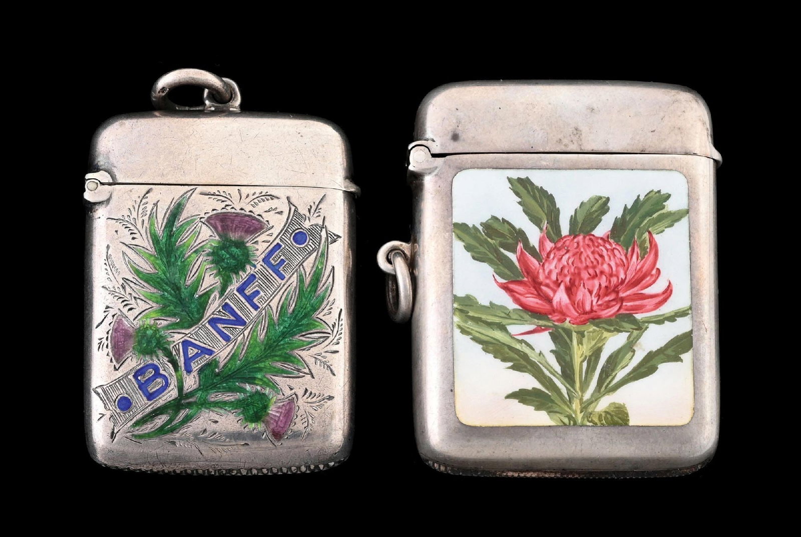 COLLECTION OF 2: ENGLISH STERLING SILVER & ENAMEL MATCH SAFES (1 of 4)