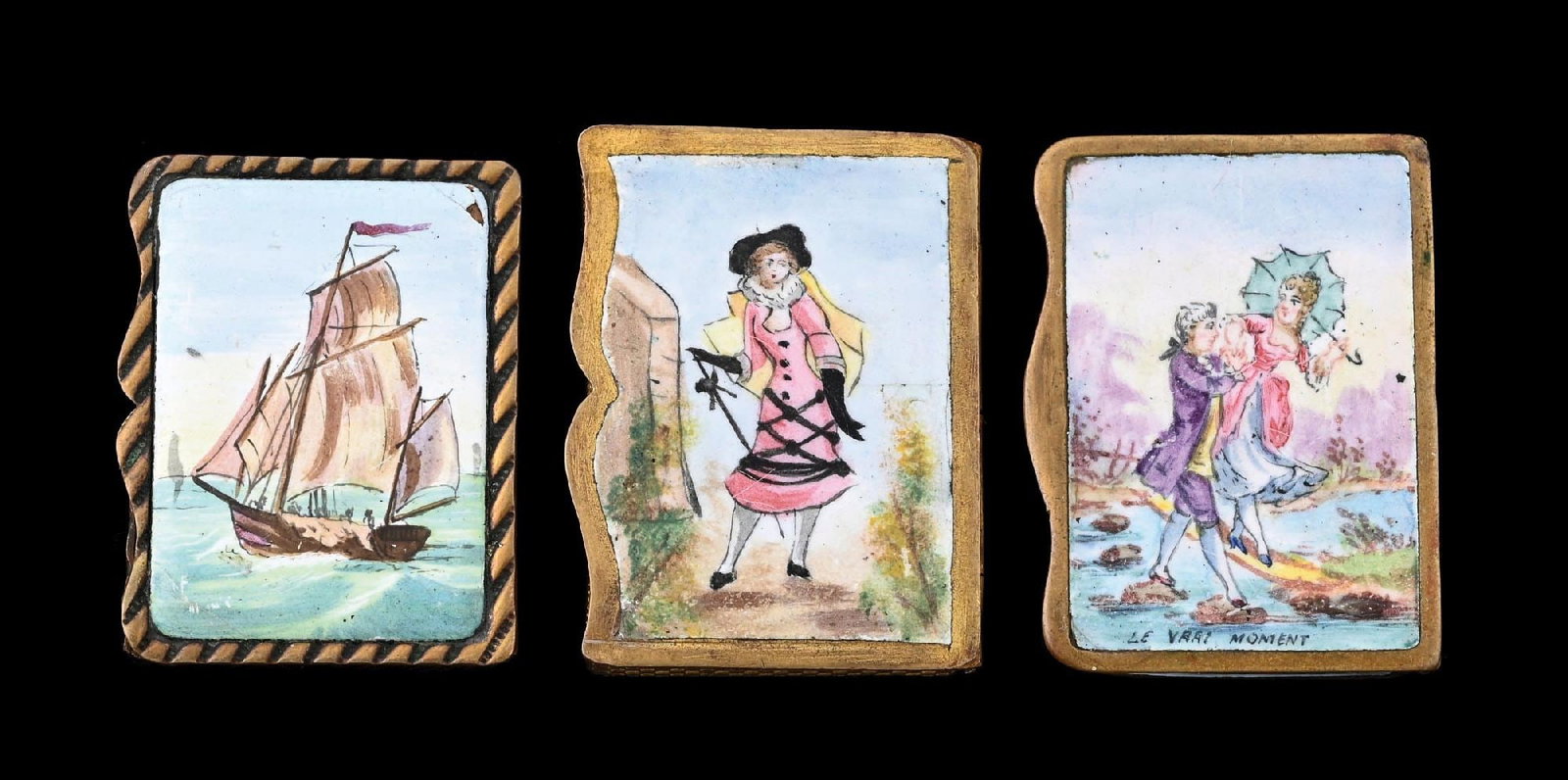 COLLECTION OF 3: FRENCH BRASS & ENAMEL MATCH SAFES: Beautiful grouping of French enameled match safes. Great color and detail. From the portfolio of an avid and dedicated collector. Condition: Dimensions: Largest: 1 - 1/2" x 2".