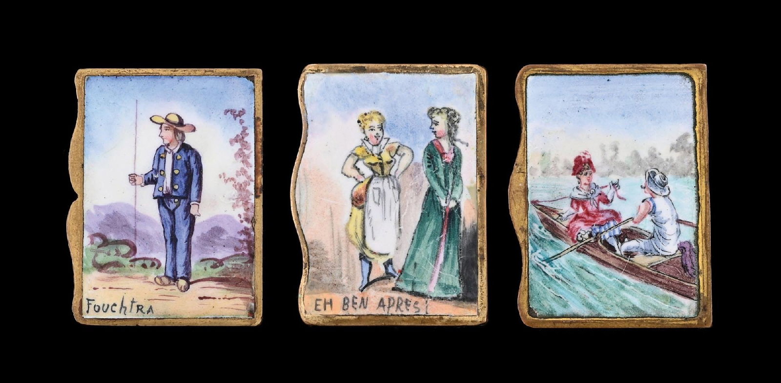 COLLECTION OF 3: FRENCH BRASS & ENAMEL MATCH SAFES: Very nice grouping of French enameled match safes. Great detail. 2 are artist signed. From the portfolio of an avid and dedicated collector. Condition: Dimensions: Largest: 1 - 1/2" x 2".