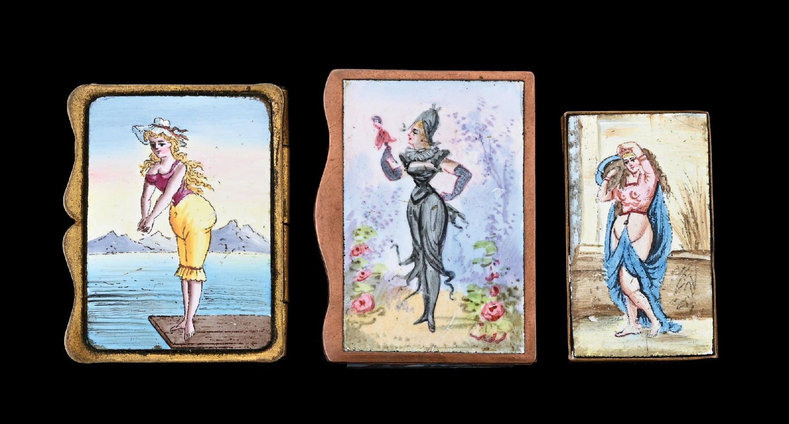 COLLECTION OF 3: FRENCH BRASS & ENAMEL MATCH SAFES: Nice grouping of 3 French brass and enameled match safes. From the portfolio of an avid and dedicated collector. Condition: Dimensions: Largest: 1 - 1/2" x 2".