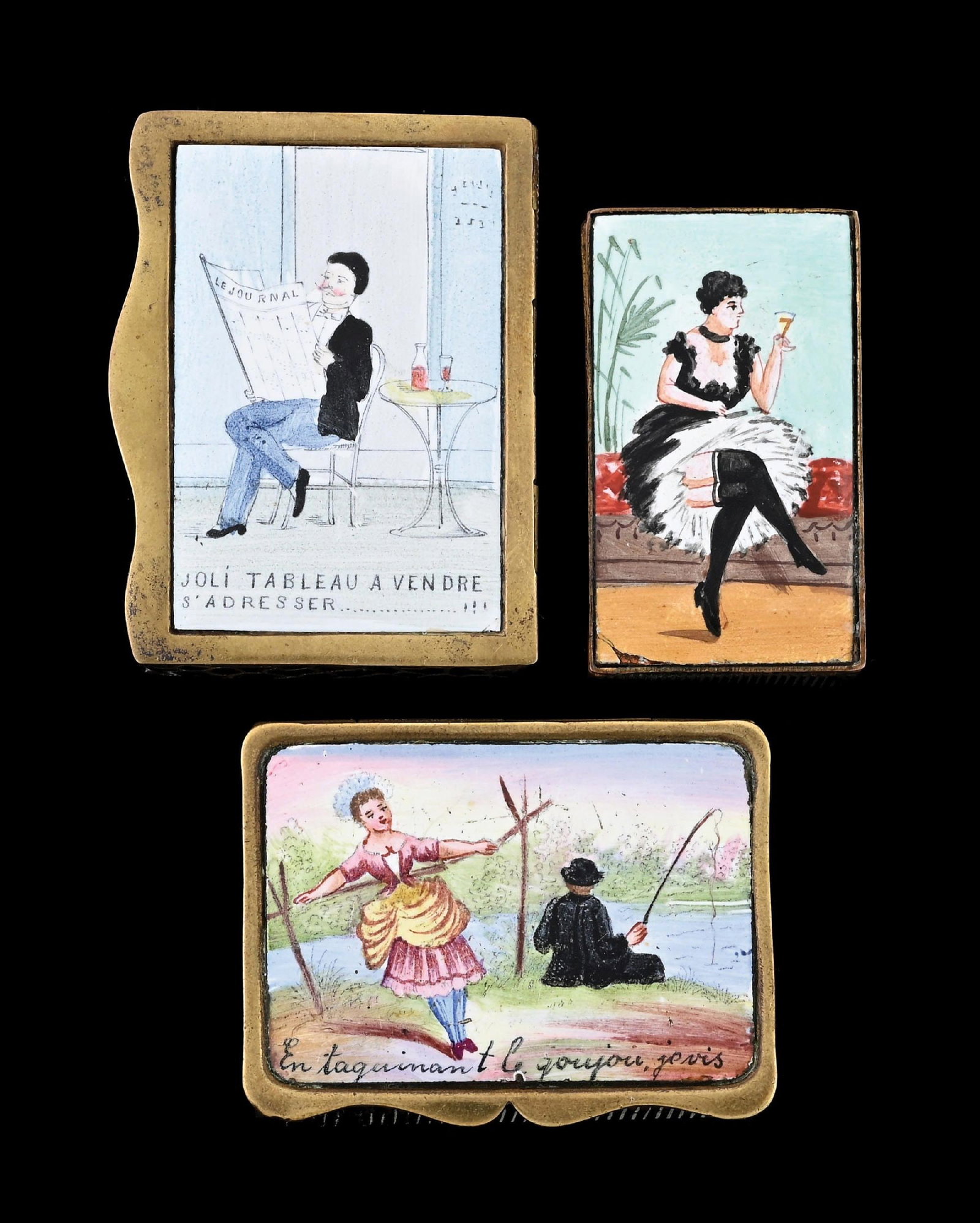 COLLECTION OF 3: BRASS & ENAMEL MATCH SAFES: Nice lot of 3 brass and enameled match safes. 2 are artist signed. From the portfolio of an avid and dedicated collector. Condition: Dimensions: Largest: 1 - 1/2" x 2".