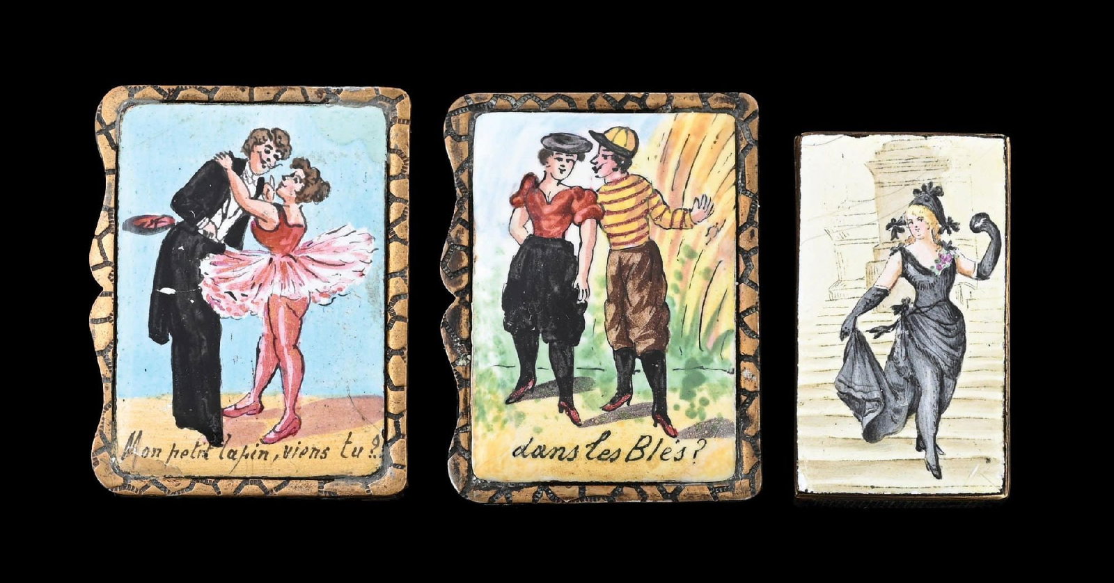COLLECTION OF 3: FRENCH BRASS & ENAMEL MATCH SAFES: Collection of 3 French and brass enameled match safes with very nice color and detail. From the portfolio of an avid and dedicated collector. Condition: Dimensions: Largest: 1 - 1/4" x 1 - 1/4".