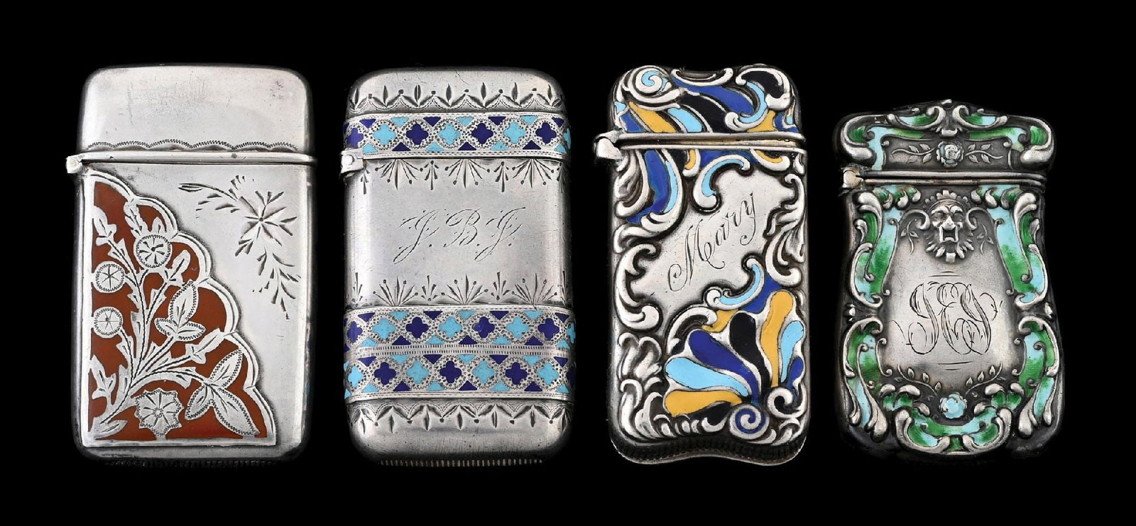 COLLECTION OF 4: ENAMELED STERLING SILVER MATCH SAFES: Nice grouping of 4 silver and enameled match safes. Great color and designs. From the portfolio of an avid and dedicated collector. Condition: Dimensions: Largest: 1 - 1/2" x 2 - 3/4".