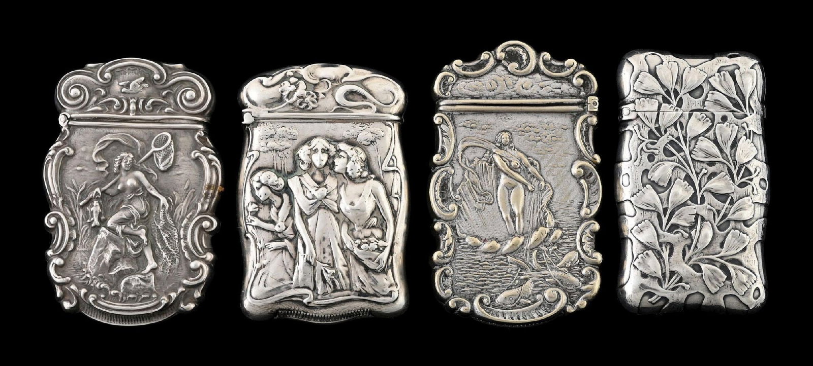 COLLECTION OF 4: STERLING SILVER MATCH SAFES: Includes Venus Rising. From the portfolio of an avid and dedicated collector. Condition: Dimensions: Largest: 1 - 3/4" x 3".