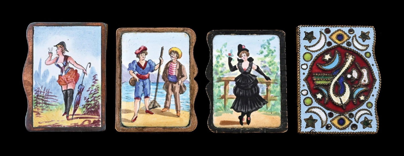 COLLECTION OF 4: FRENCH BRASS & ENAMEL MATCH SAFES: Nice grouping of French enameled match safes. Wonderful color and detail. From the portfolio of an avid and dedicated collector. Condition: Dimensions: Largest: 1 - 1/2" x 2".