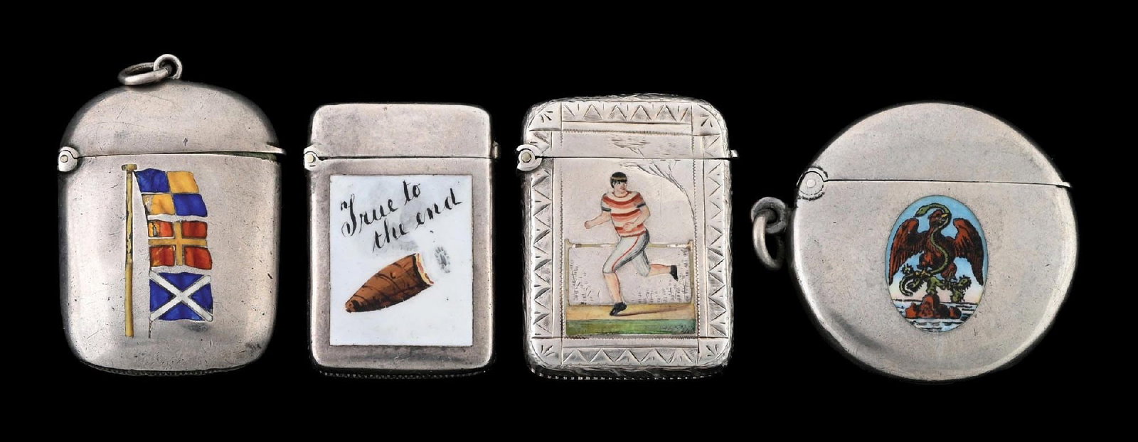 COLLECTION OF 4: ENGLISH STERLING SILVER ENAMEL MATCH SAFES: Boxer, Rebus. From the portfolio of an avid and dedicated collector. Condition: Dimensions: Largest: 1 - 3/4" x 1 - 3/4".