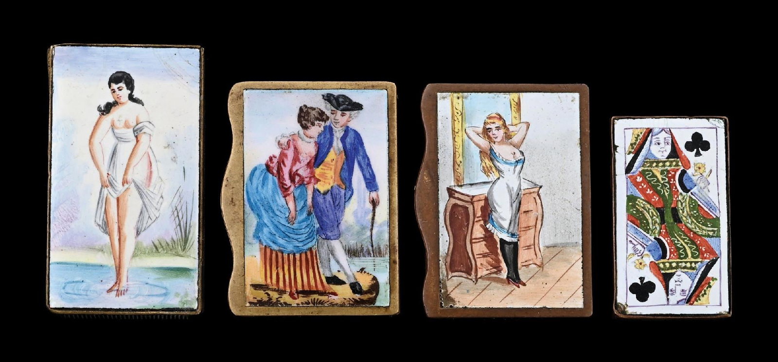 COLLECTION OF 4: FRENCH BRASS & ENAMEL MATCH SAFES: Nice grouping of French brass and enamel match safes. Great color and detail. From the portfolio of an avid and dedicated collector. Condition: Dimensions: Largest: 1 - 1/4" x 2 - 1/4".