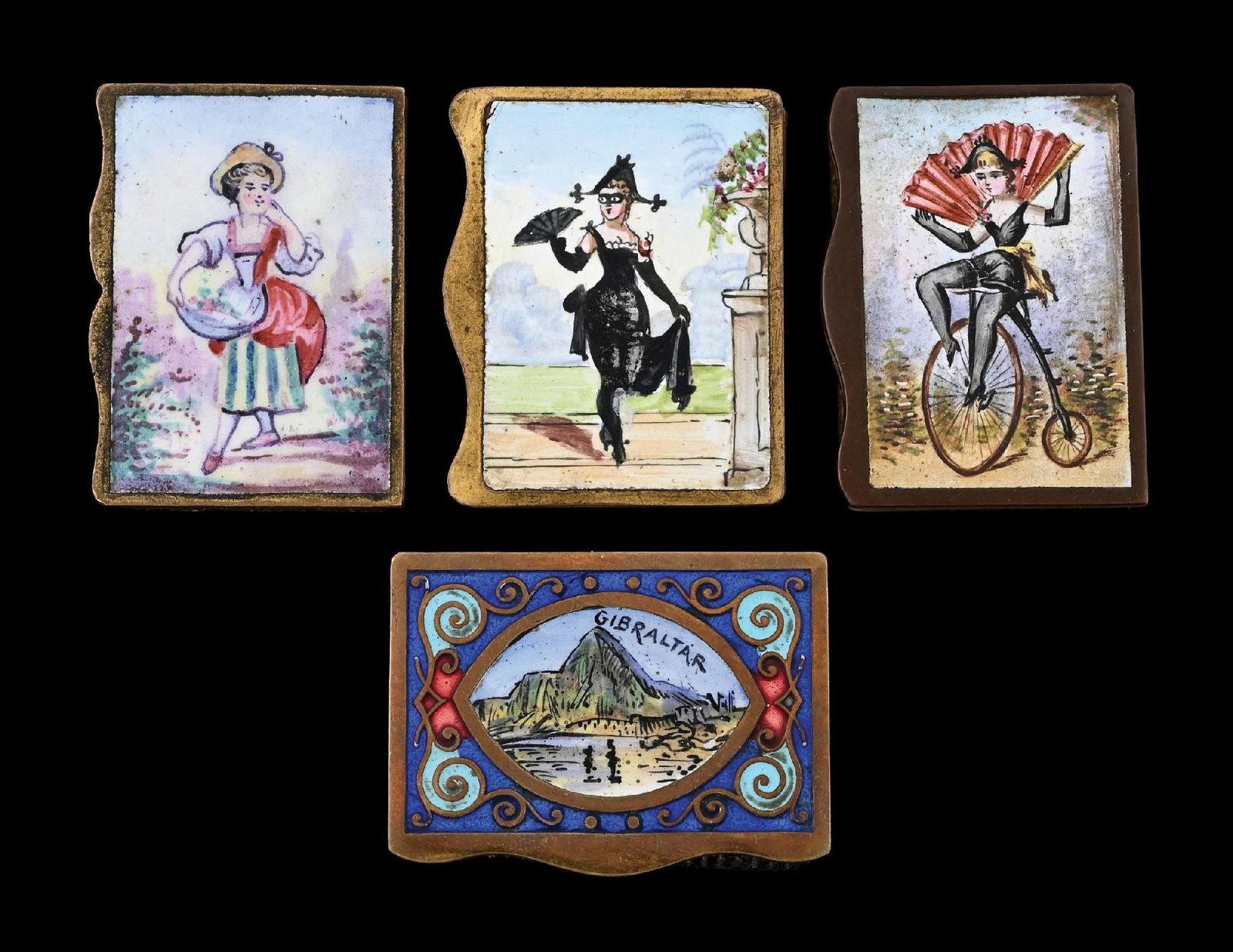 COLLECTION OF 4: FRENCH BRASS & ENAMEL MATCH SAFES: Nice grouping of 4 French brass and enameled match safes. Nice color and detail. From the portfolio of an avid and dedicated collector. Condition: Dimensions: Largest: 1 - 1/2" x 1 - 3/4".