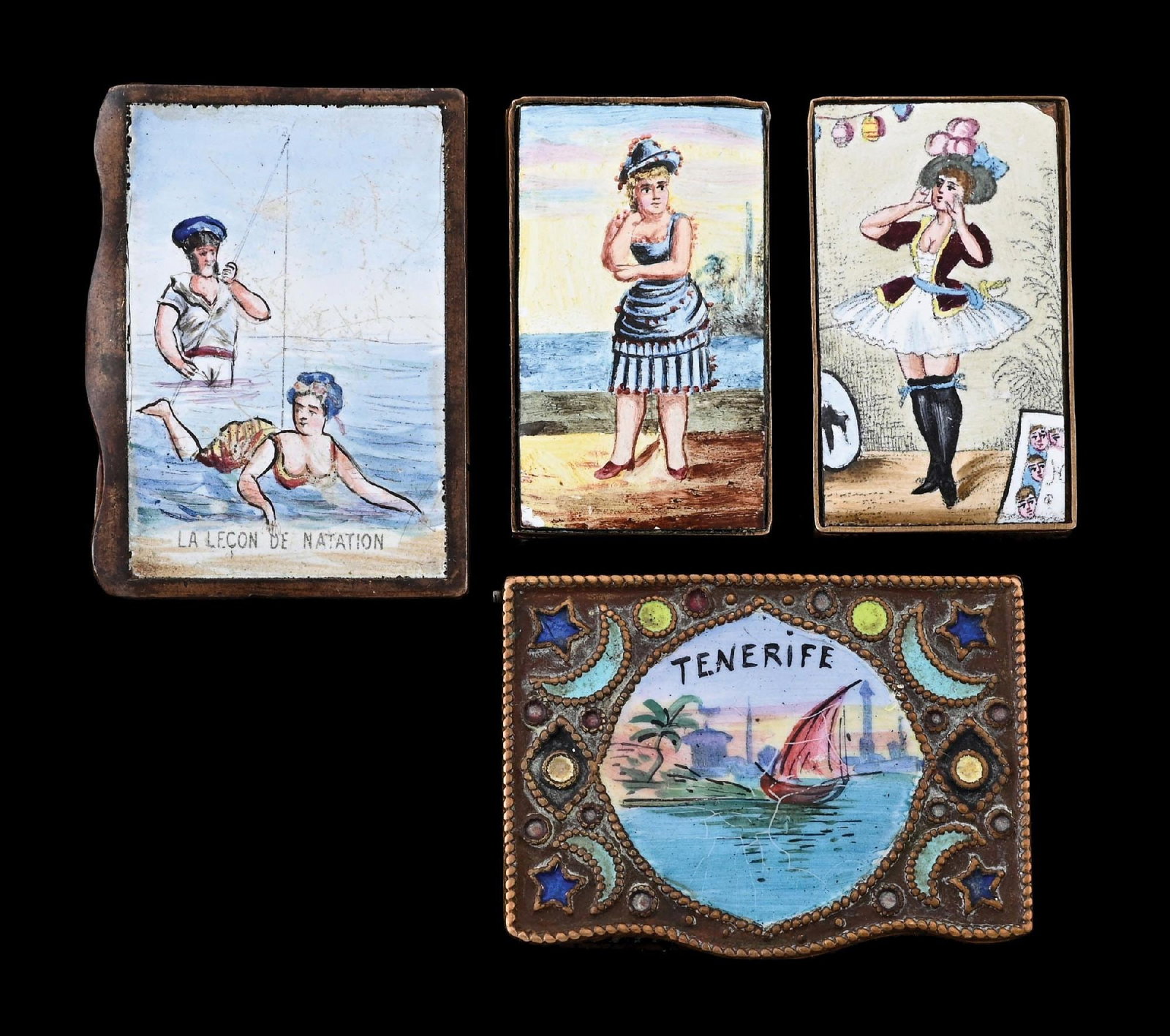 COLLECTION OF 4: FRENCH BRASS & ENAMEL MATCH SAFES: Nice grouping of 4 French brass and enameled match safes. From the portfolio of an avid and dedicated collector. Condition: Dimensions: Largest: 1 - 1/2" x 2".