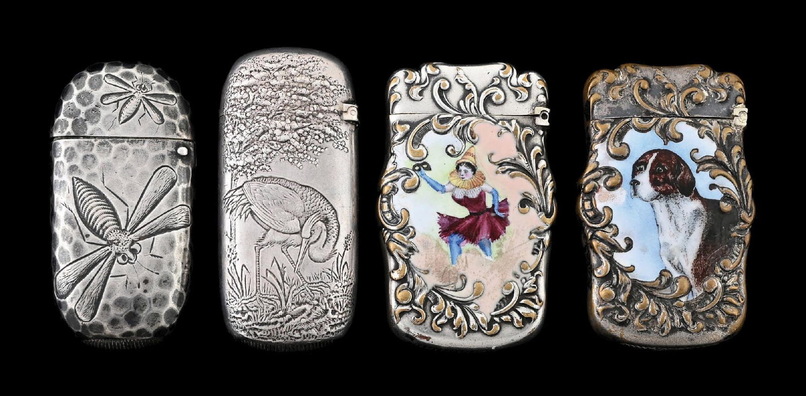 COLLECTION OF 4: MATCH SAFES: Two enamel silver plated, two sterling silver. From the portfolio of an avid and dedicated collector. Condition: Dimensions: Largest: 1 - 1/2" x 2 - 1/2".