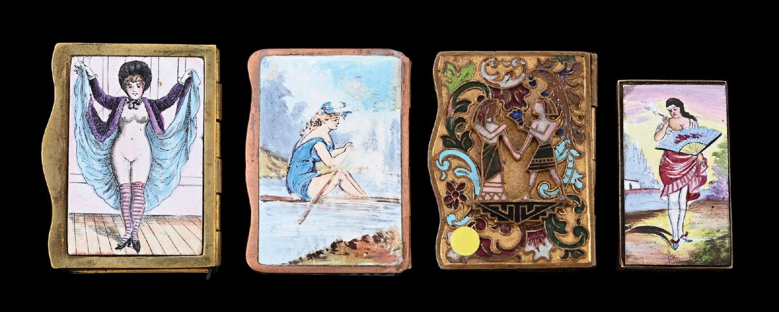 COLLECTION OF 4: FRENCH BRASS & ENAMEL MATCH SAFES: Nice grouping of French brass and enamel match safes. Great color and detail. From the portfolio of an avid and dedicated collector. Condition: Dimensions: Largest: 1 - 1/2" x 2".