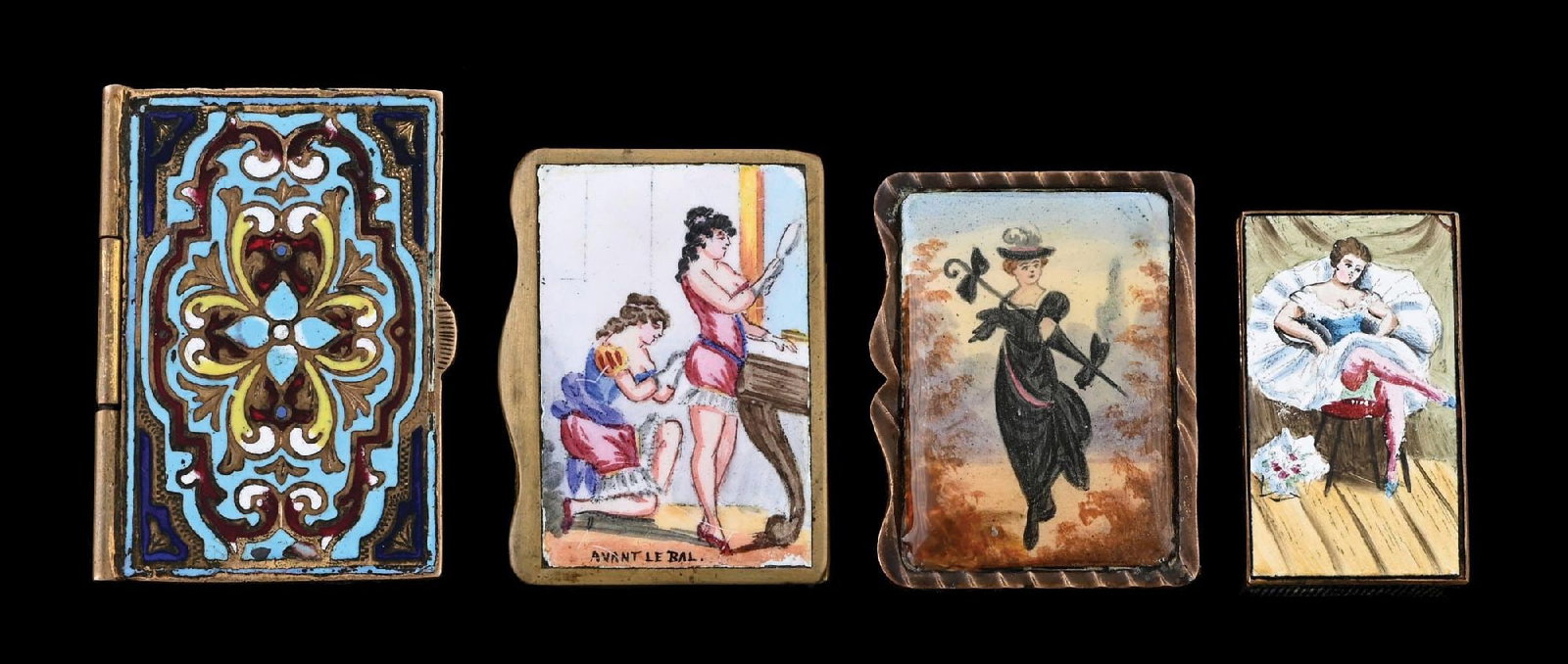 COLLECTION OF 4: BRASS & ENAMEL MATCH SAFES: Nice collection of 4 brass and enameled match safes. From the portfolio of an avid and dedicated collector. Condition: Dimensions: Largest: 1 - 1/2" x 2".