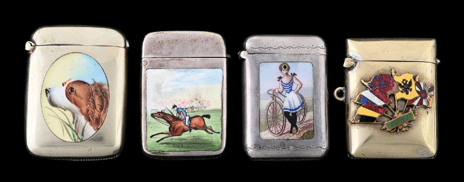 COLLECTION OF 4: ENAMEL SILVER PLATED MATCH SAFES: Nice collection of silver plated enamel match safes. Includes a dog, woman on bike, horse and flag motif match safes. From the portfolio of an avid and dedicated collector. Condition: Dimensions: Larg