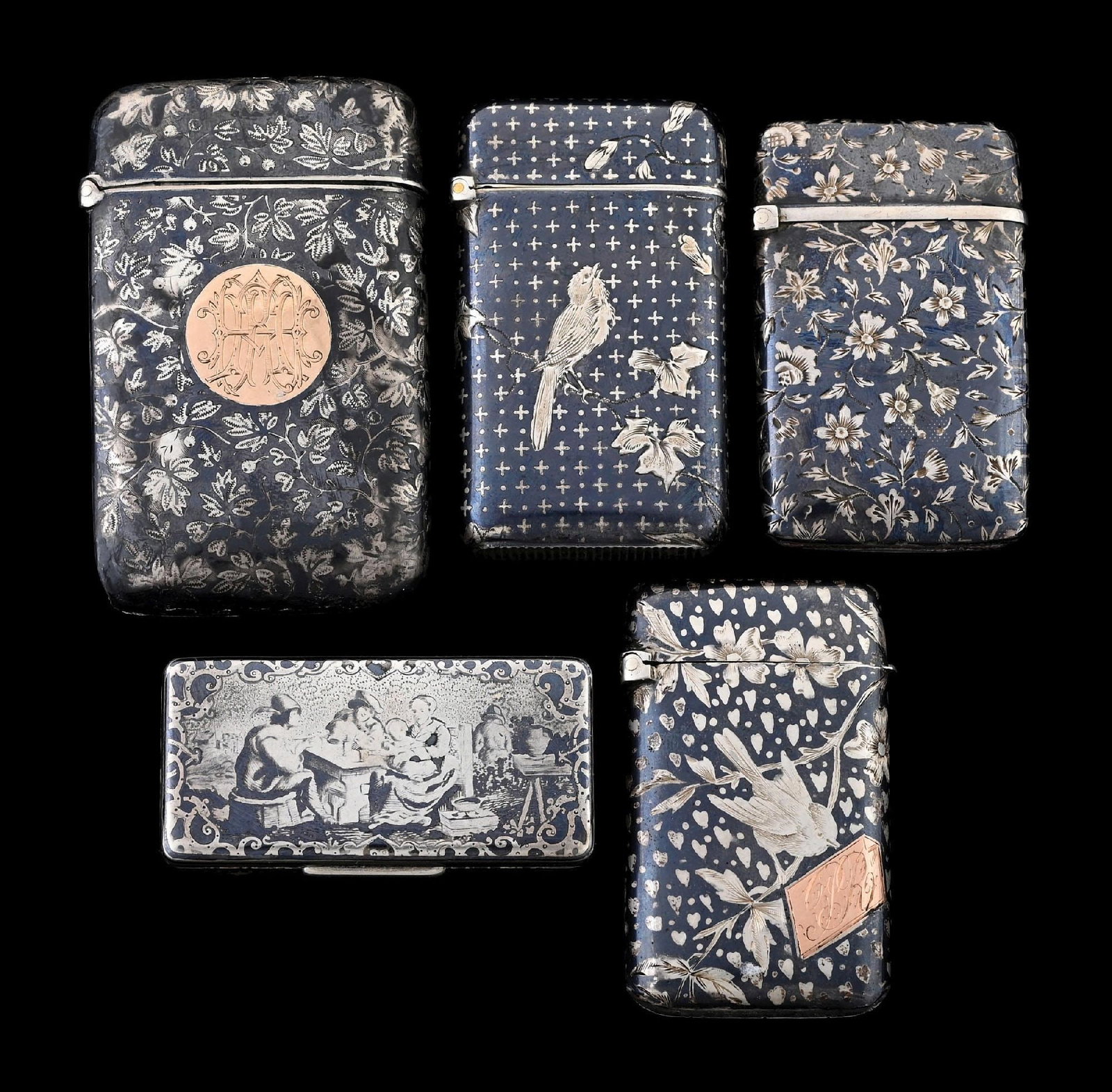 COLLECTION OF 5: FRENCH STERLING SILVER & NIELLO DECOR MATCH SAFES: Nice collection of 5 French sterling silver & Niello decor match safes. From the portfolio of an avid and dedicated collector. Condition: Dimensions: Largest: 1 - 1/2" x 2 - 1/4".