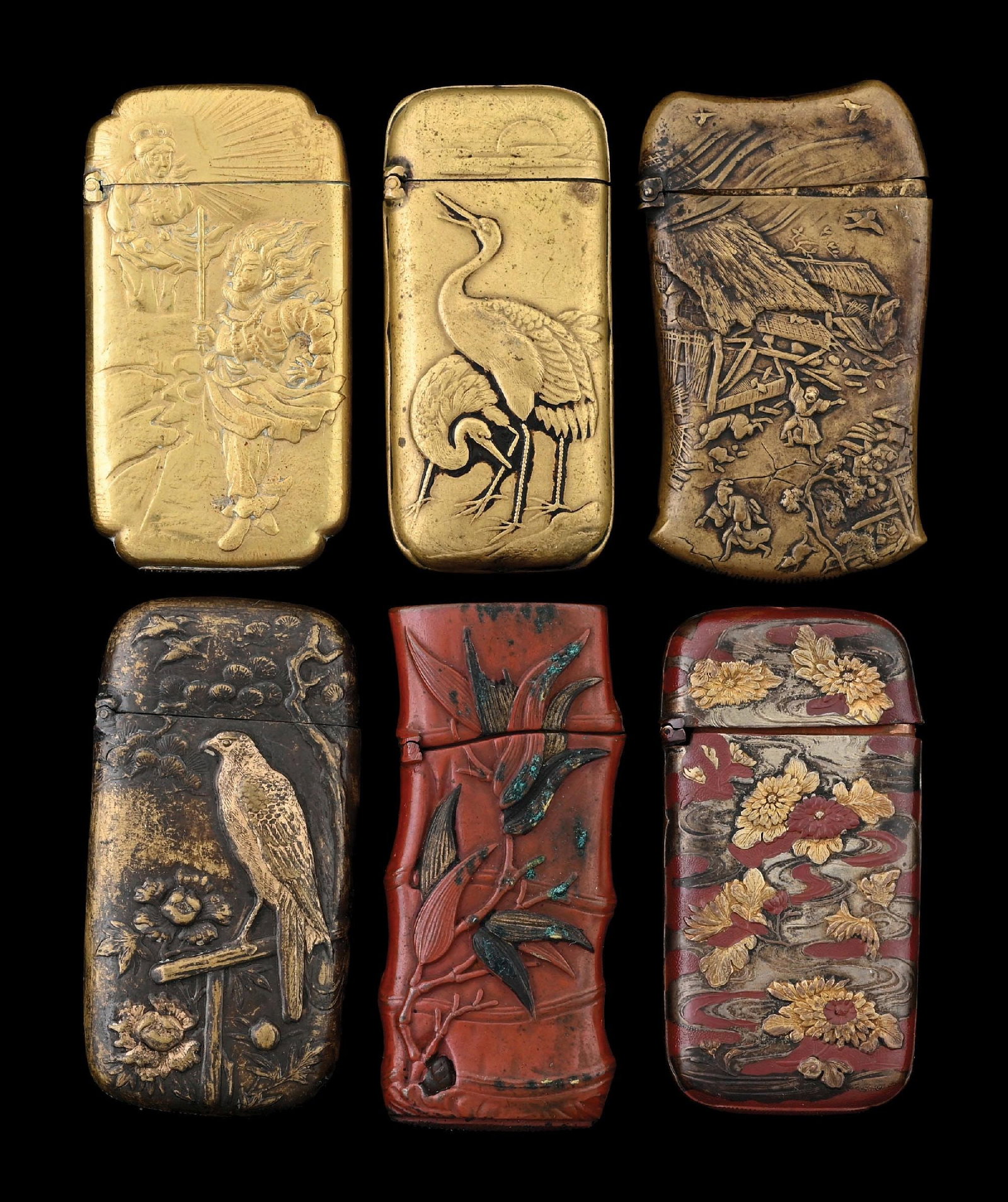 COLLECTION OF 6: JAPANESE BRASS & PATINATED BRASS MATCH SAFES (1 of 2)