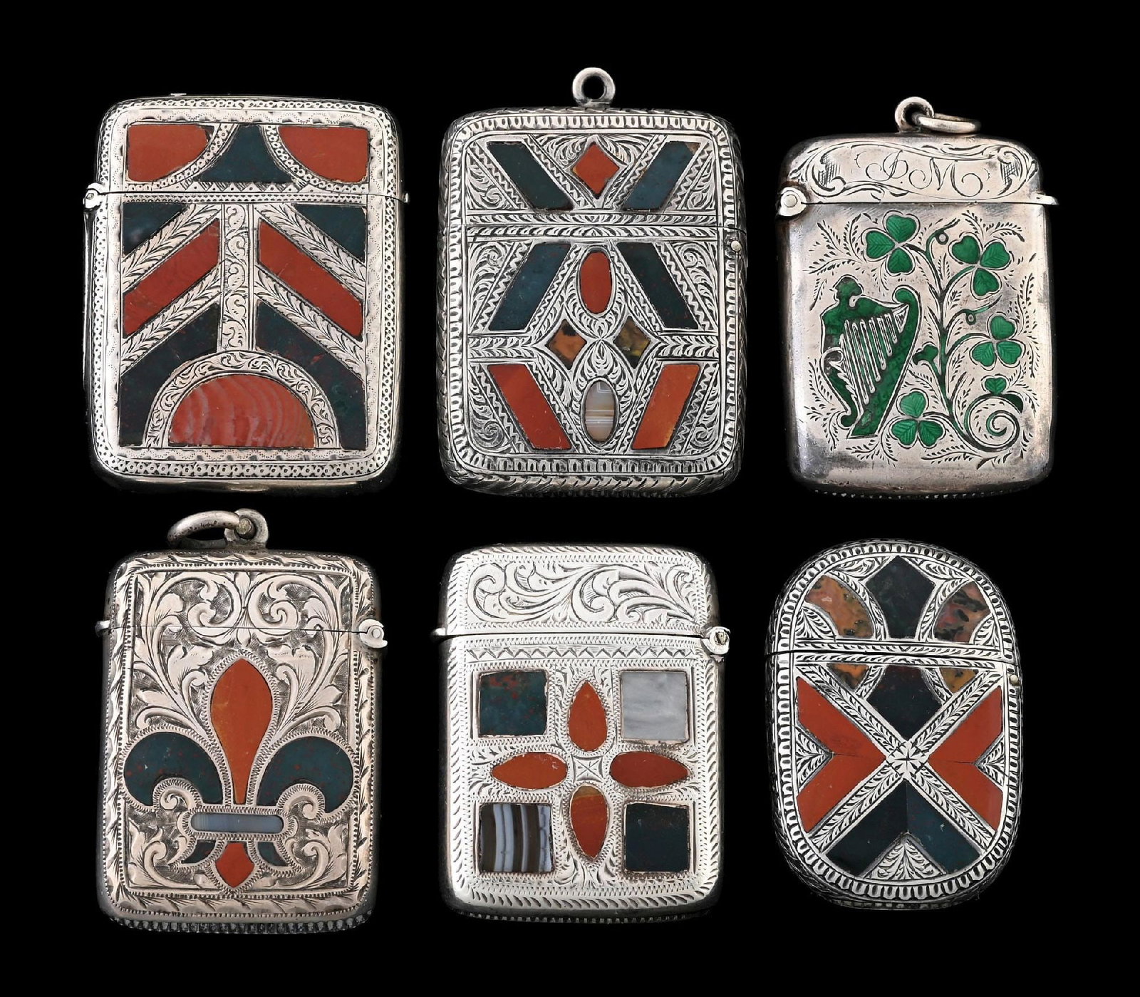 COLLECTION OF 6: ENGLISH STERLING SILVER & AGATE MATCH SAFES (1 of 2)