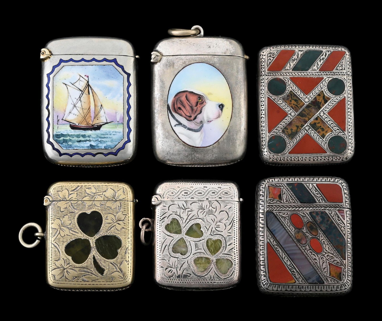 COLLECTION OF 6: MATCH SAFES: Two enameled and silver plated, four silver plated with agate. From the portfolio of an avid and dedicated collector. Condition: Dimensions: Largest: 1 - 1/2" x 2".