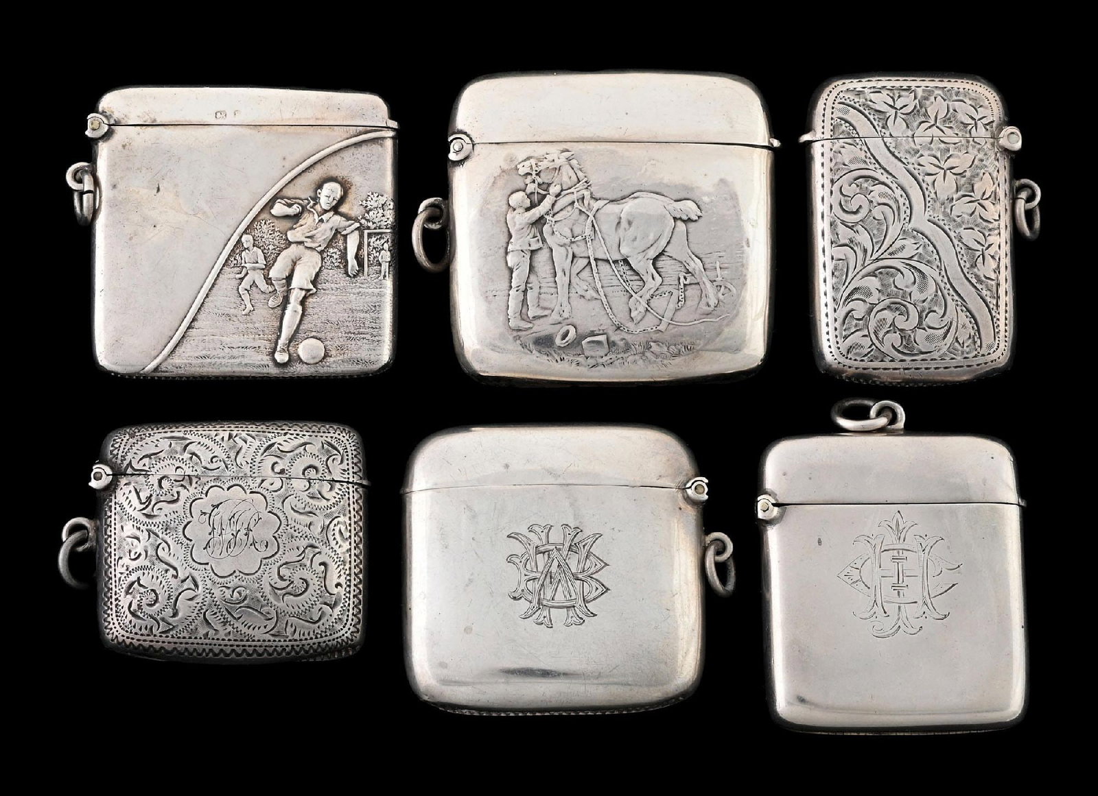 COLLECTION OF 6: STERLING SILVER MATCH SAFES: Includes football and horse. From the portfolio of an avid and dedicated collector. Condition: Dimensions: Largest: 2 - 1/4" x 2".