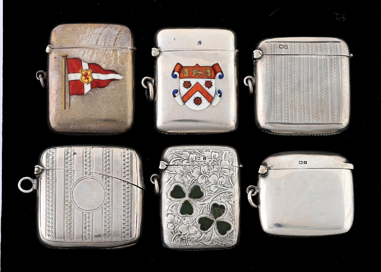 COLLECTION OF 6: ENGLISH STERLING SILVER MATCH SAFES, ENAMELED & AGATE (1 of 2)