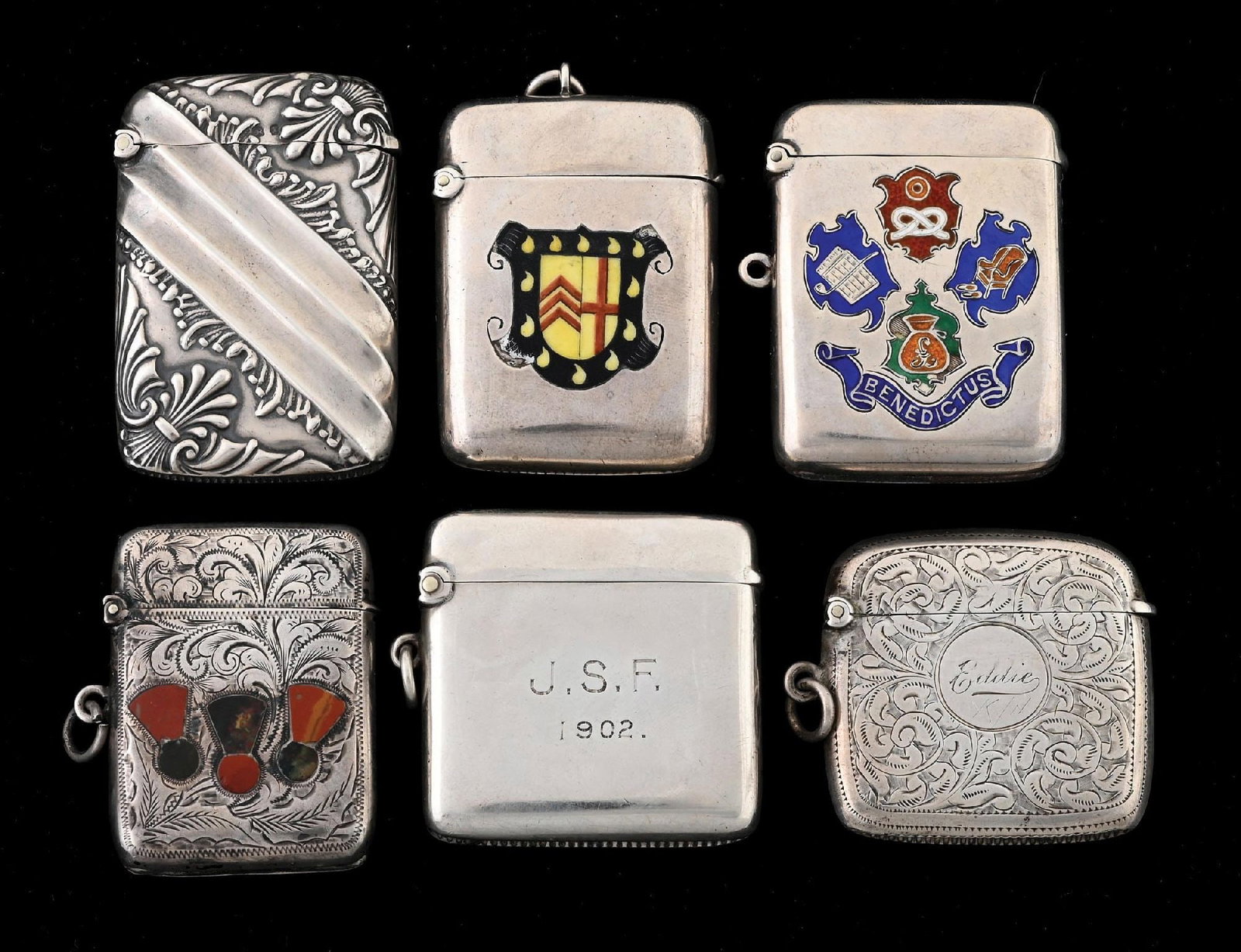 COLLECTION OF 6: ENGLISH STERLING SILVER MATCH SAFES: Enameled and agate. From the portfolio of an avid and dedicated collector. Condition: Dimensions: Largest: 1 - 3/4" x 1 - 3/4".