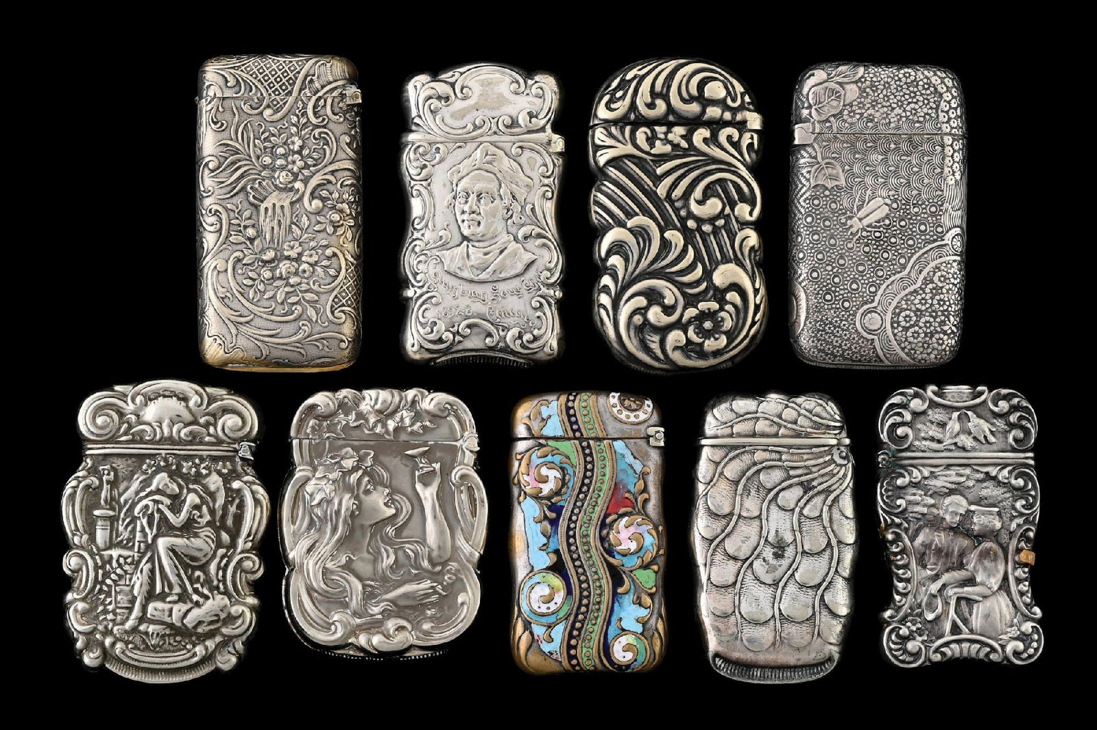 COLLECTION OF 9: SILVER PLATED MATCH SAFES (1 of 2)